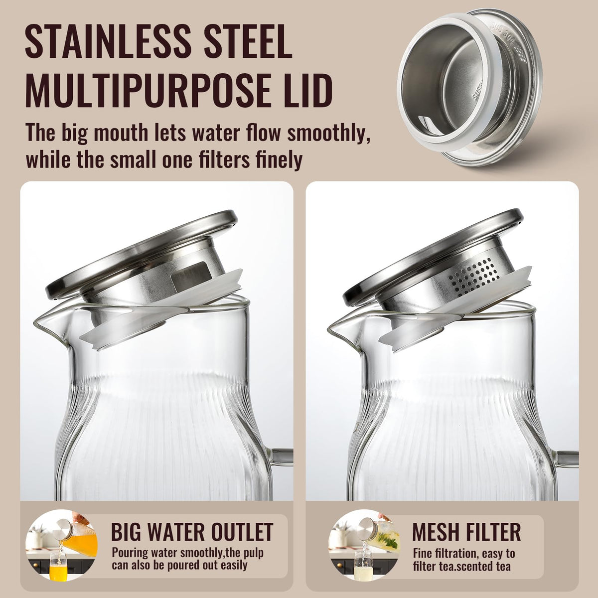 2 Liter 68 oz Square Glass Pitcher with Lid (Silver)