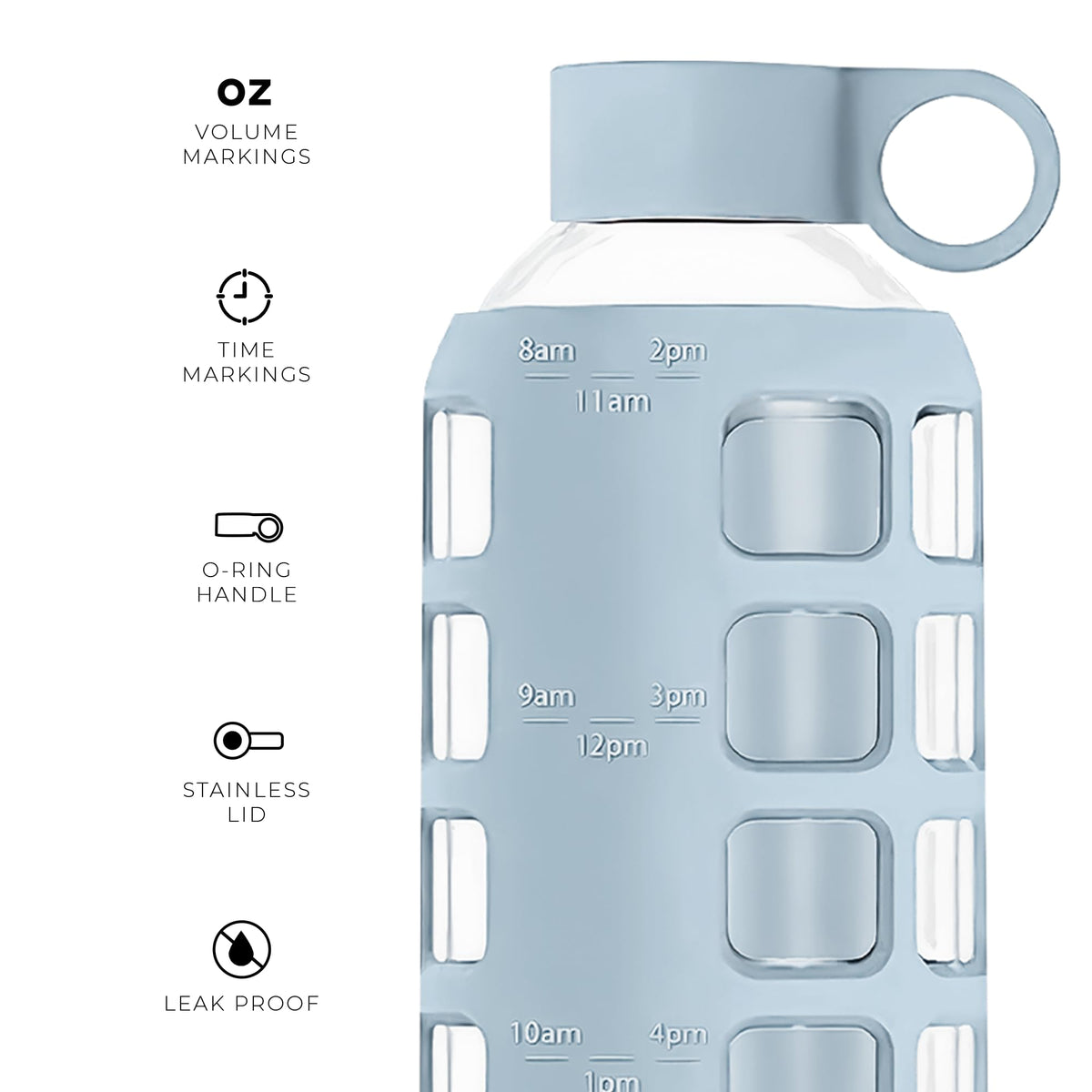 40oz / 32oz / 22oz / 12oz Borosilicate Glass Water Bottle with Time & Volume Markers, Silicone Sleeve, Stainless Steel Lid | Reusable Glass Bottle for Water & Juice (Ice Blue (1 Count) / 22 Ounces)