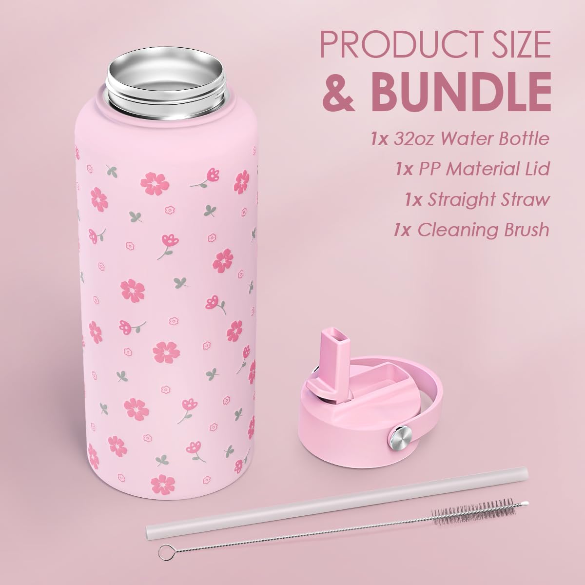 Floral Water Bottle 32oz Stainless Steel with Lid (Floral)