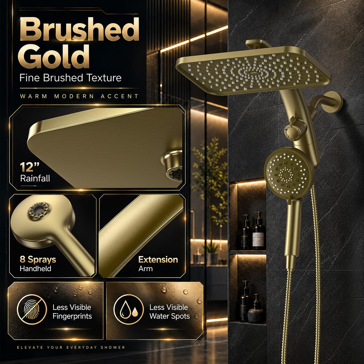 12" Brushed Gold Shower Head with Handheld (Brushed Gold / 12inch)