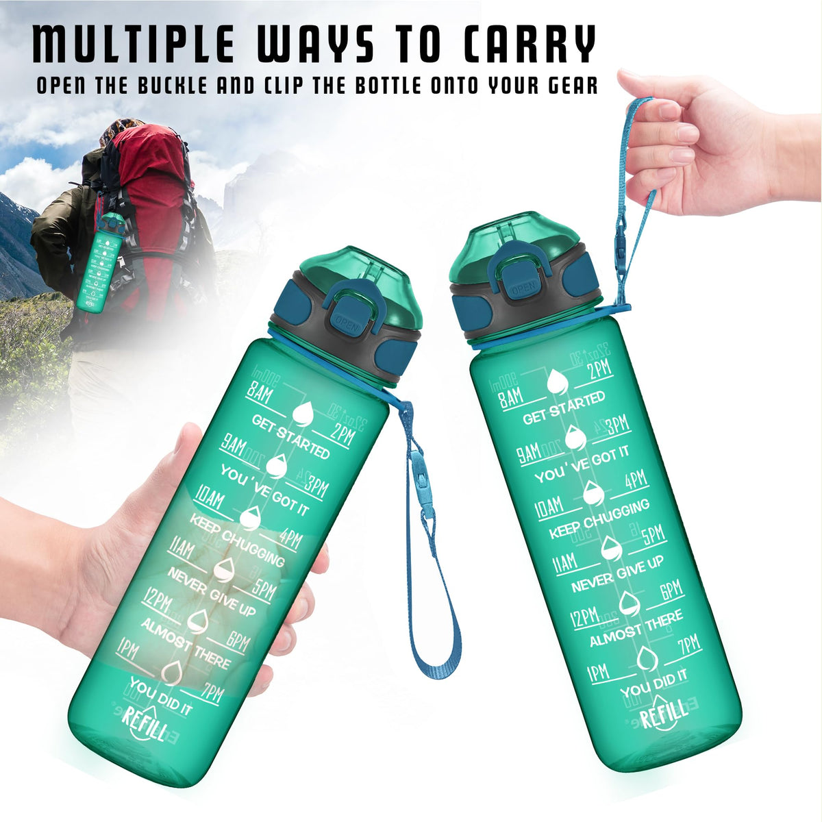 32 oz Water Bottle with Times to Drink and Straw (Mist Teal)
