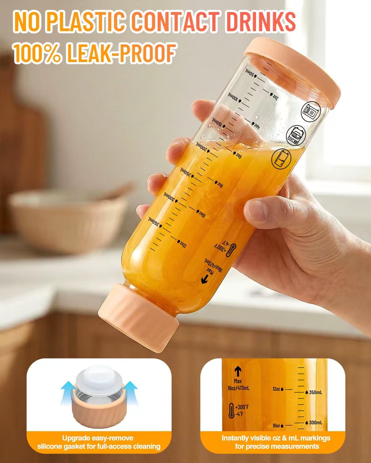 Glass Water Bottles with Stainless Steel Lid 16 oz (Pink-Amber)