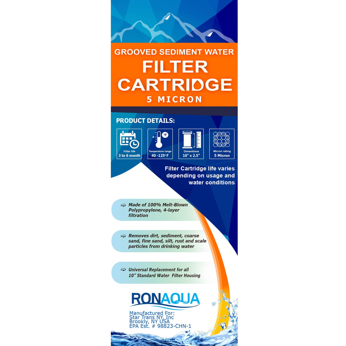 Grooved Sediment Water Filter Cartridge by Ronaqua 10"x 2.5"