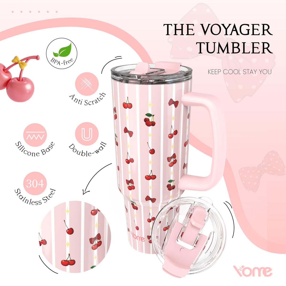 40oz Stripe Cherry Tumbler with Handle and Flip Straw (Stripe Cherry Pink)