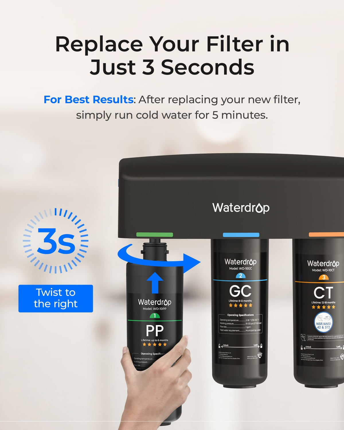 WD 10PP Water Filter Replacement for Waterdrop TSA & TSB & TSA (Black-10PP)