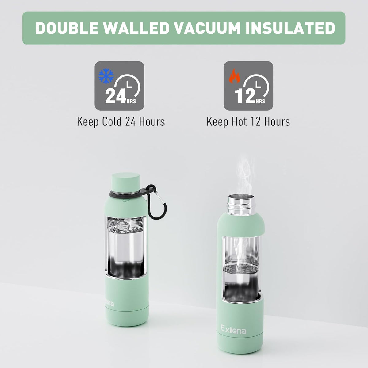 Slim Insulated Water Bottles for Travel 18oz with Clip (500 ml / Mint)