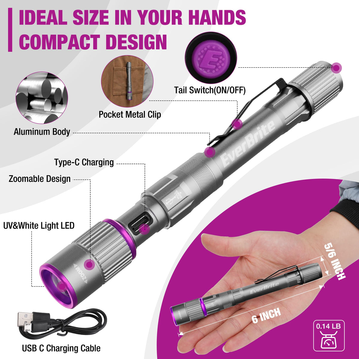 Rechargeable Pen Flashlight with UV and White Light (Gray)