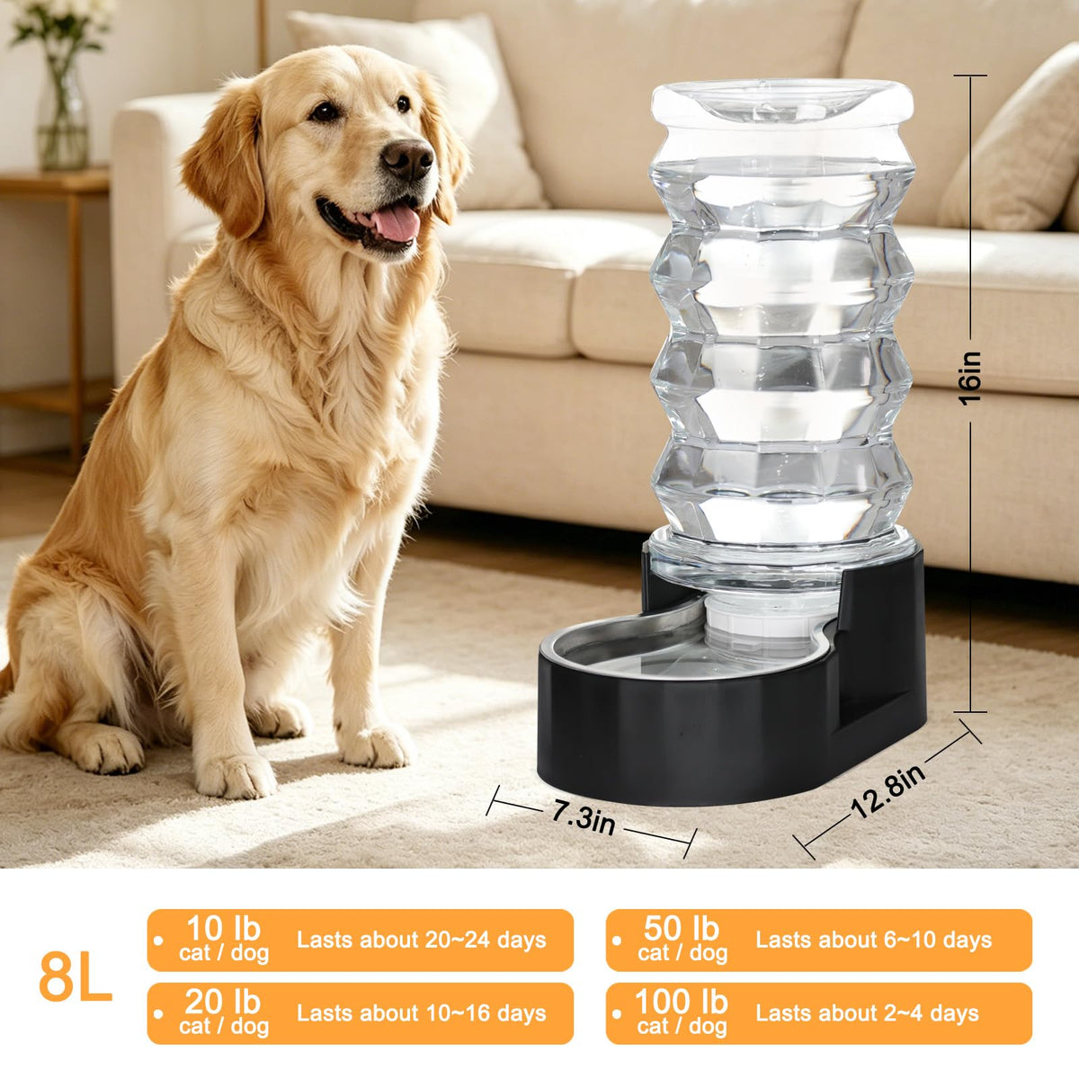 8L Filtered Dog Water Dispenser (Dark Black / 8L)
