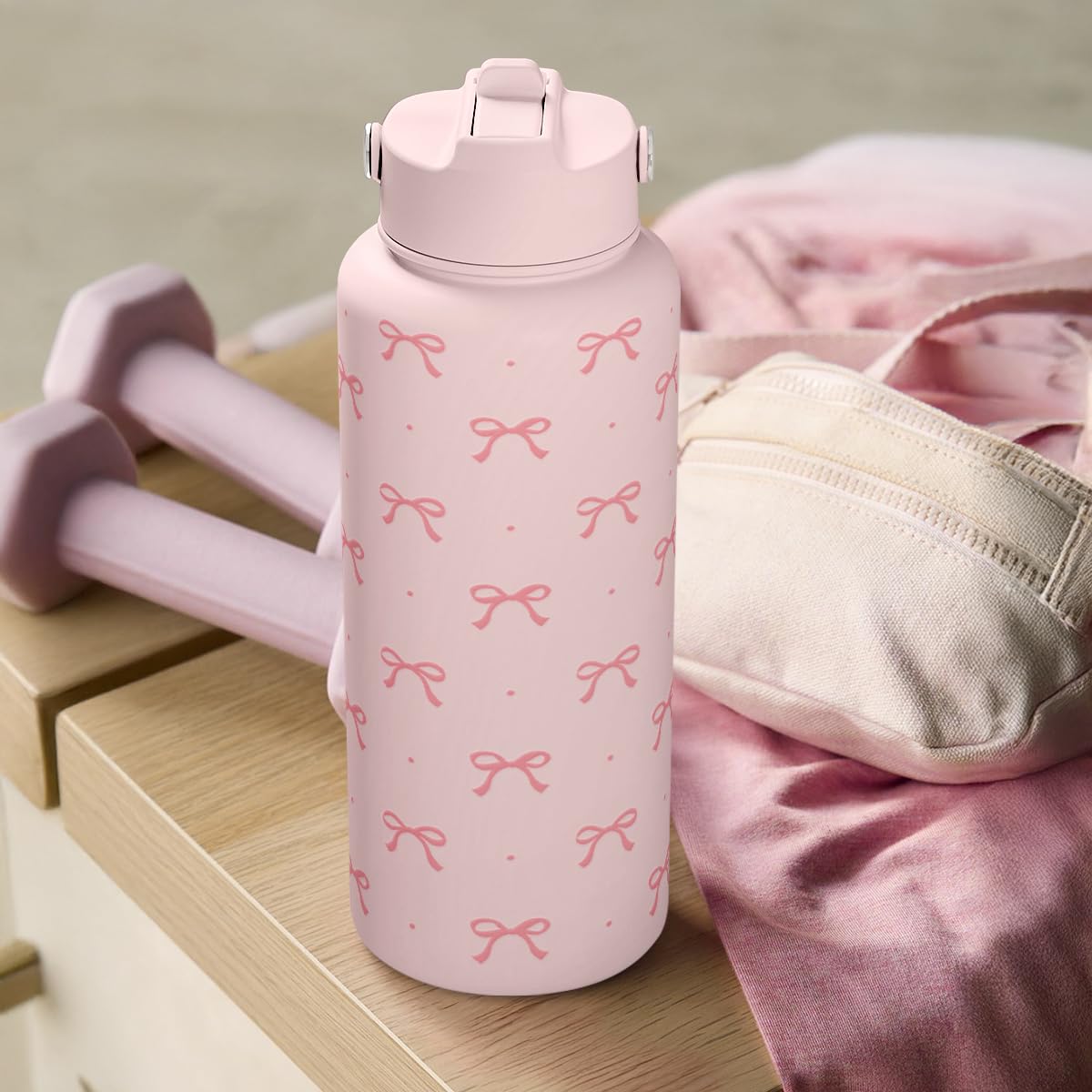 Pink Bow Water Bottle Stainless Steel Insulated Vacuum 32oz with Lid (Coquette Pink Bow)