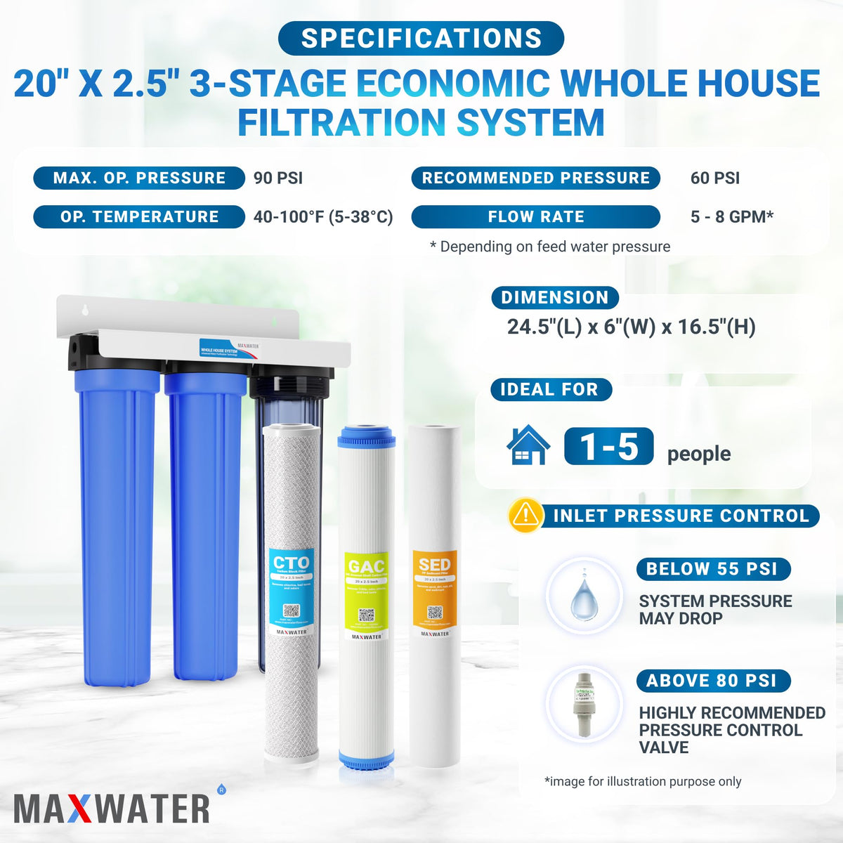 3 Stage 20 x 2.5 Whole House Water Filtration System