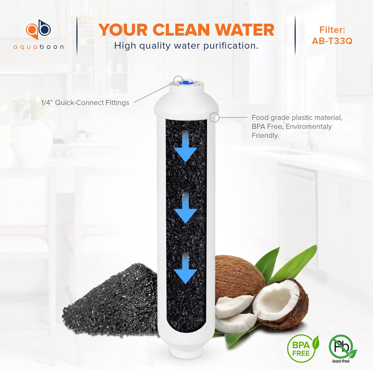 T33 Inline Post Activated Carbon Water Filter for Refrigerator (REGULAR / 4-PACK / 1/4" Quick-Connect)