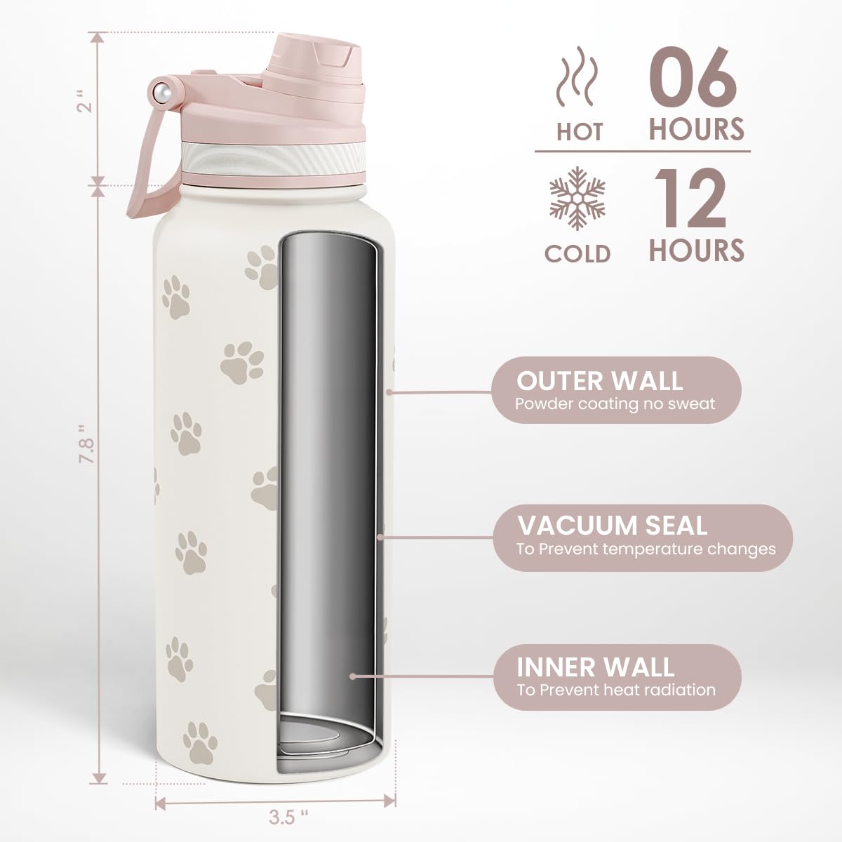 Paw Print Stainless Steel Water Bottle with Strap 32oz (Paw Print)