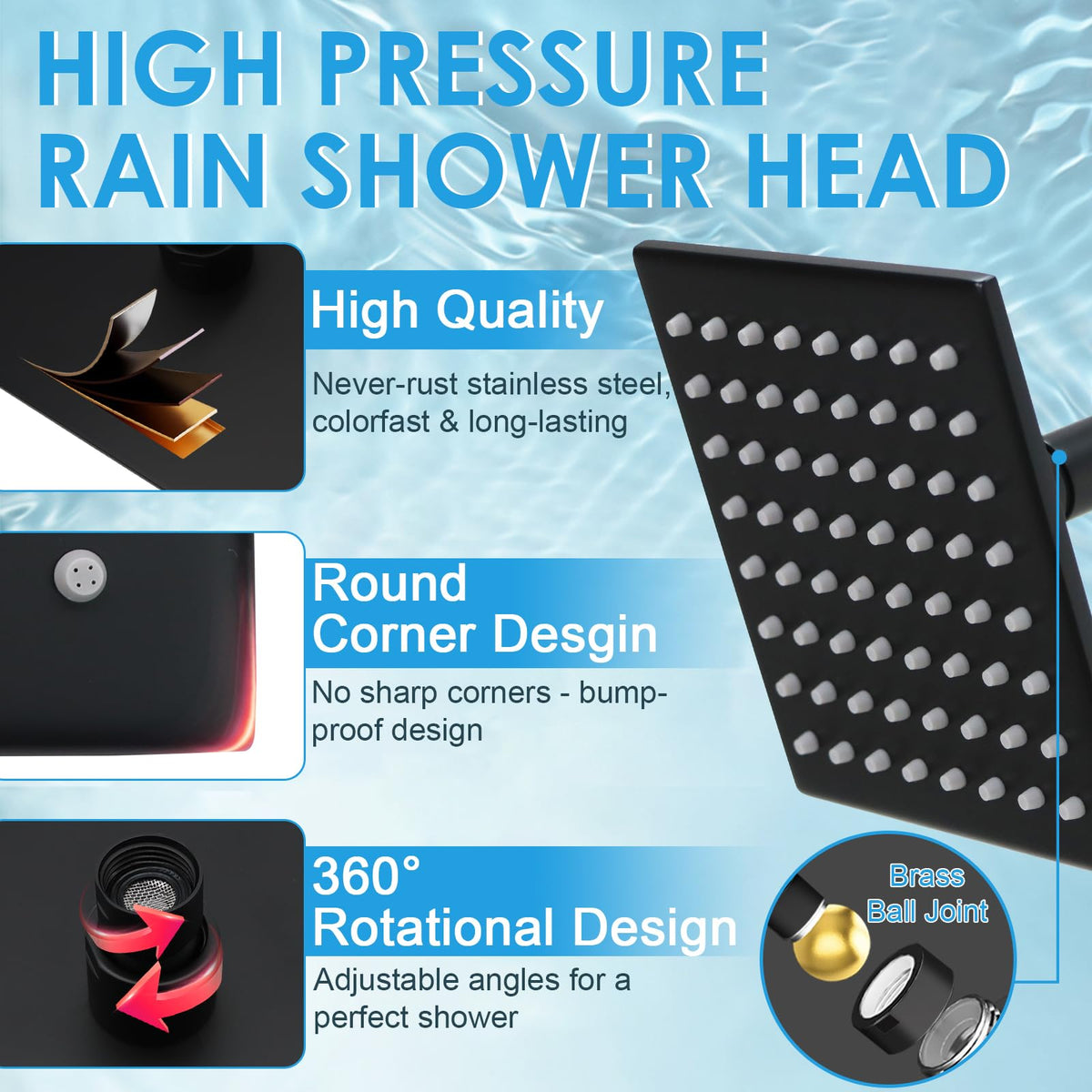 6 Inch Square Shower Head Black Stainless Steel High Pressure Rain Shower Heads with Extension Arm Adjustable Angle Replacement Shower Head for Modern Bathroom