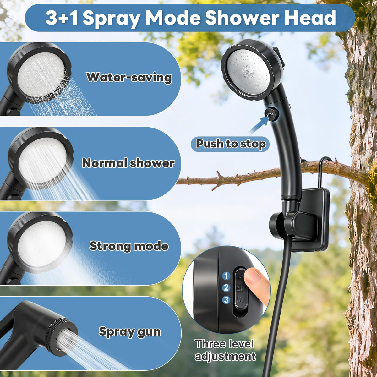 Portable Shower with Heater 1500W Camping Water Heater with Shower Head 3 Spray Modes (Black)