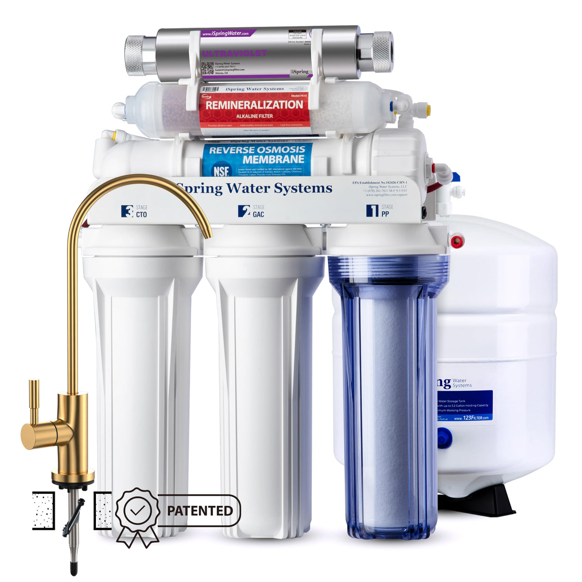 RCC7AK-UV-GLD, 7-Stage Reverse Osmosis Water Filter System with Alkaline and UV Filter with Brushed Gold RO Faucet, Patented Top-Mounted Faucet Design for Easy Installation (Brushed Gold Faucet)