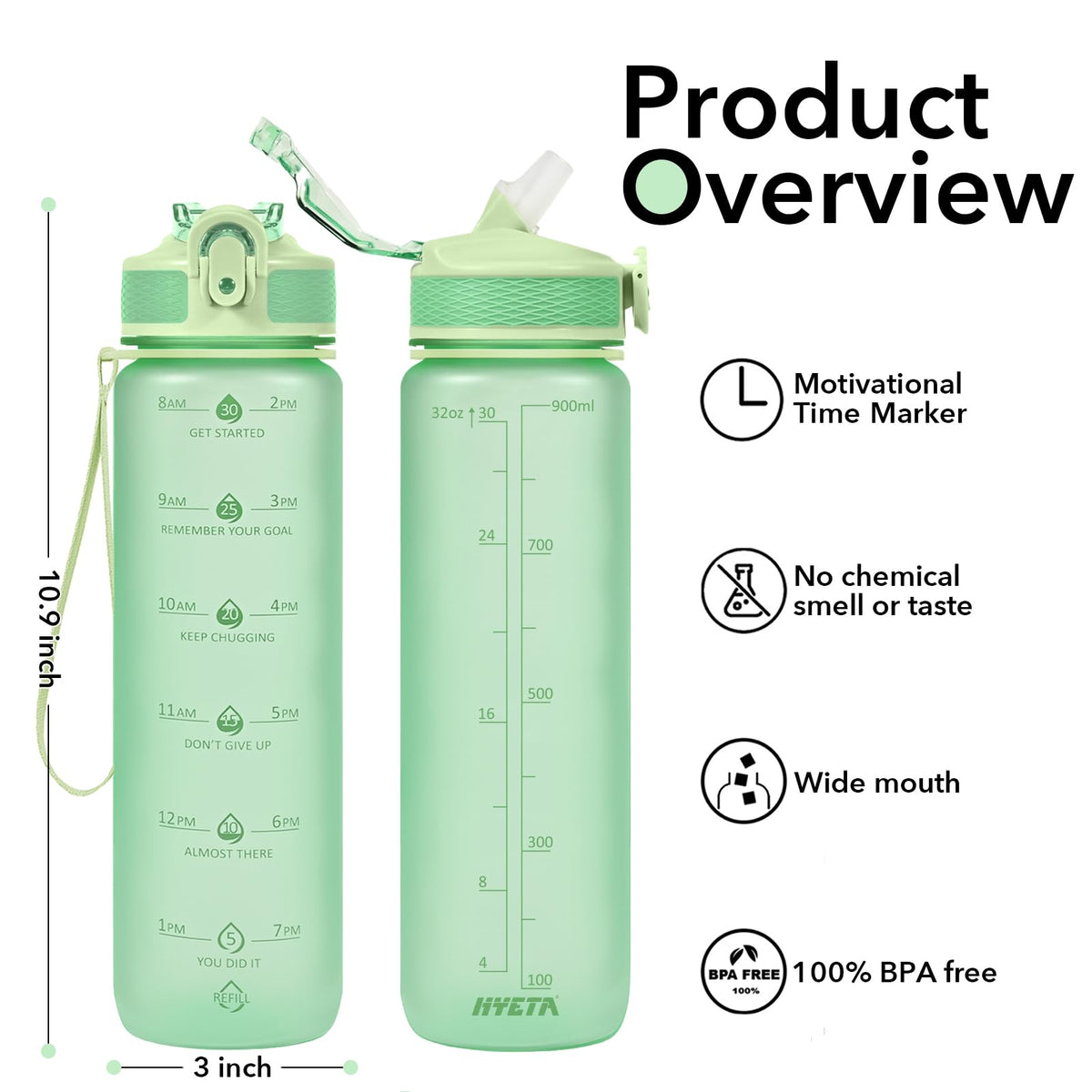 Plastic Water Bottle With Straw & Time Marker (Mint)
