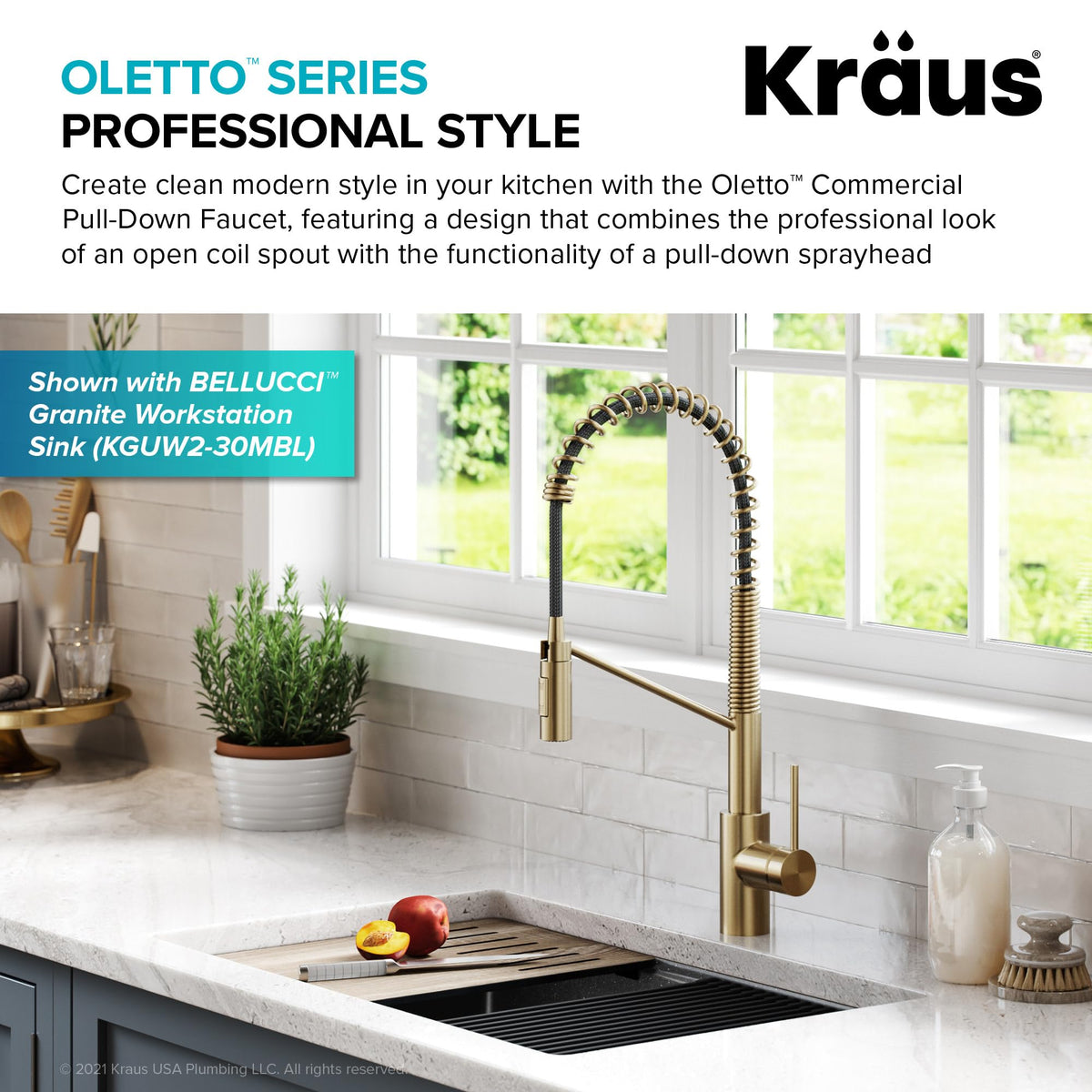 Oletto Commercial Style Single Handle Pull Down Kitchen Faucet with QuickDock Top Mount Installation Assembly in Spot Free Antique Champagne Bronze (Spot-Free Antique Champagne Bronze / Commercial Style Faucet)