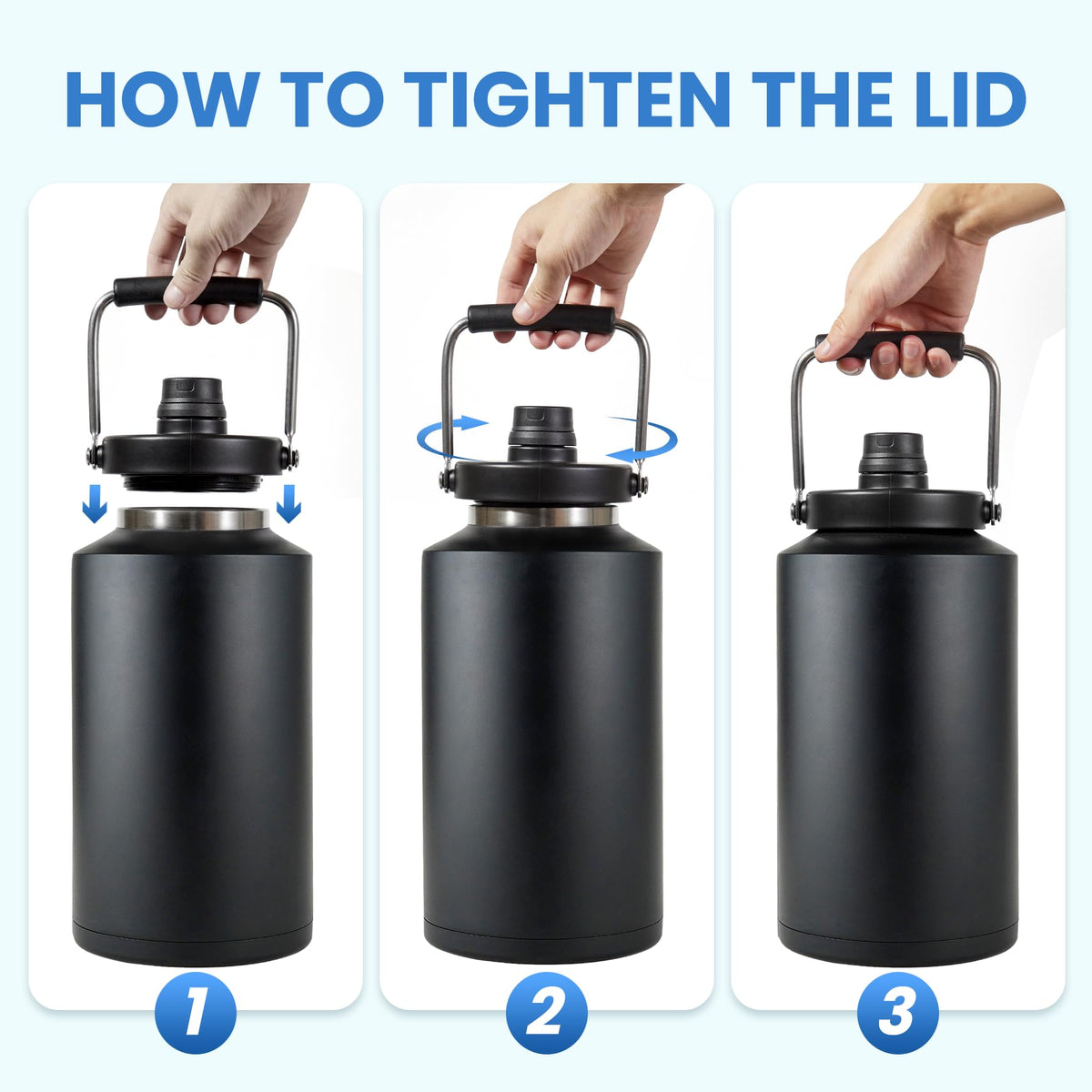 1 Gallon Water Bottle Insulated Stainless Steel Keeps Ice 48Hr (Black (2 Packs) / 128 Ounces)