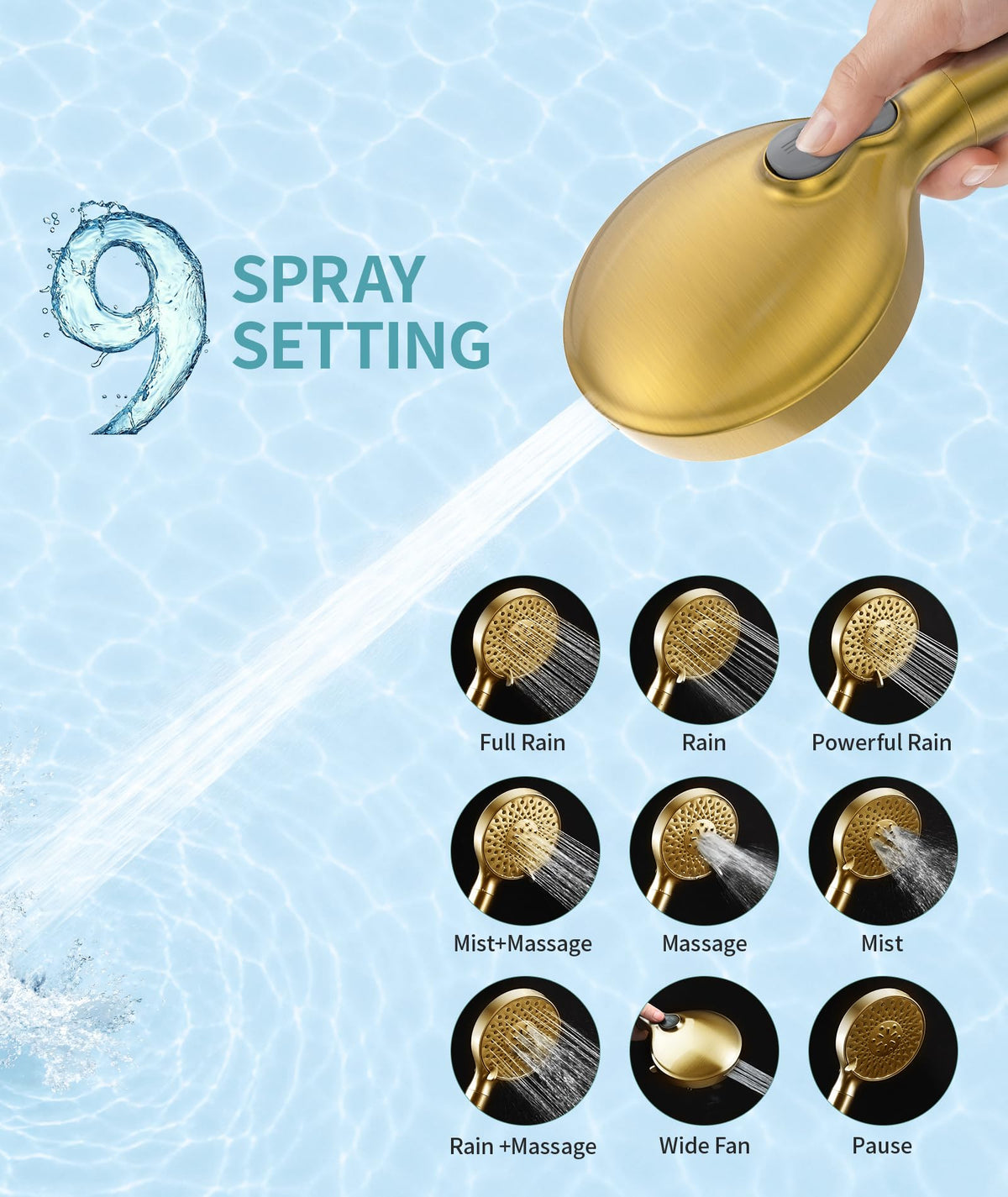 Filtered Shower Head with Handheld High Pressure 9 Spray Mode Showerhead Detachable Shower Head Water Softener Filters Beads for Hard Water Remove Chlorine 1 Filter 1.8GPM Gold (Gold)