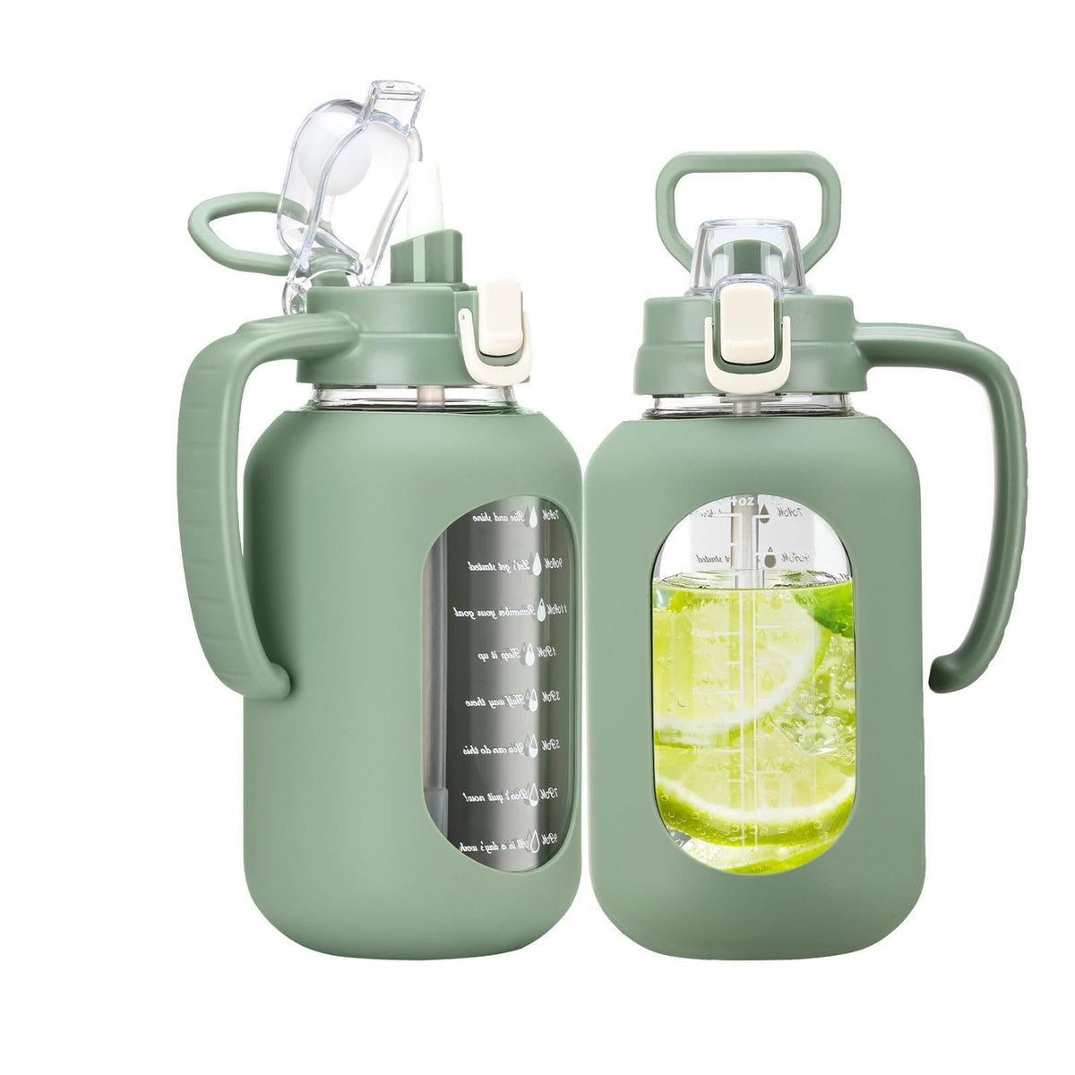 64 oz Glass Water Bottle with Handle and Straw Large 2L Water Bottle with Time Markers and Silicone Sleeve Half Gallon Water Jug BPA Free for Gym Daily Use (Olive)