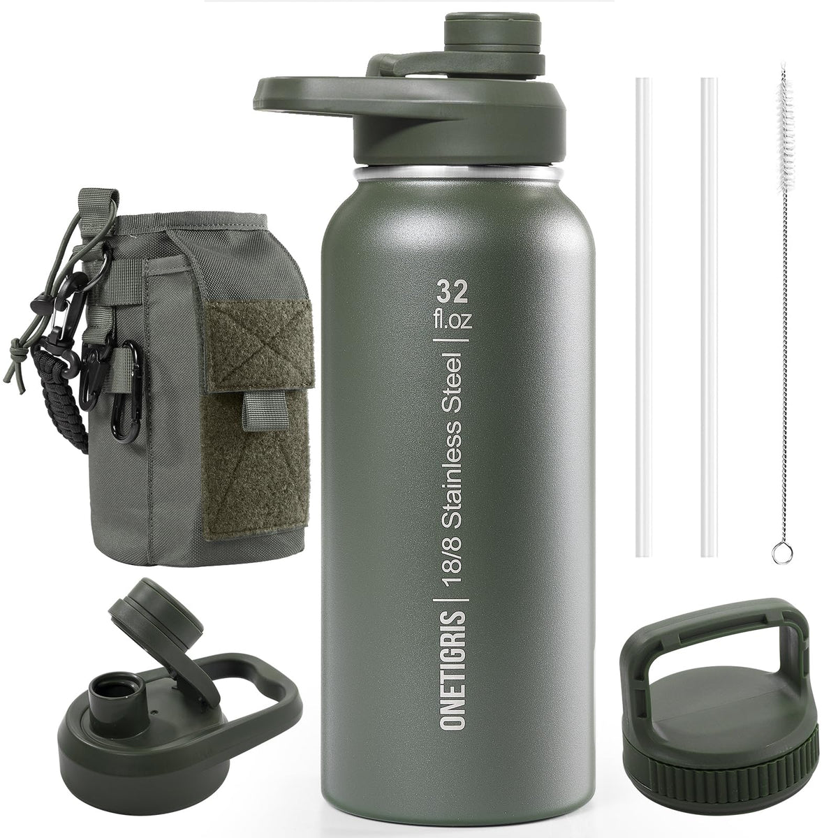 32oz Insulated Tactical Water Bottle with Straw & MOLLE Sleeve (Green / 32 Ounces)