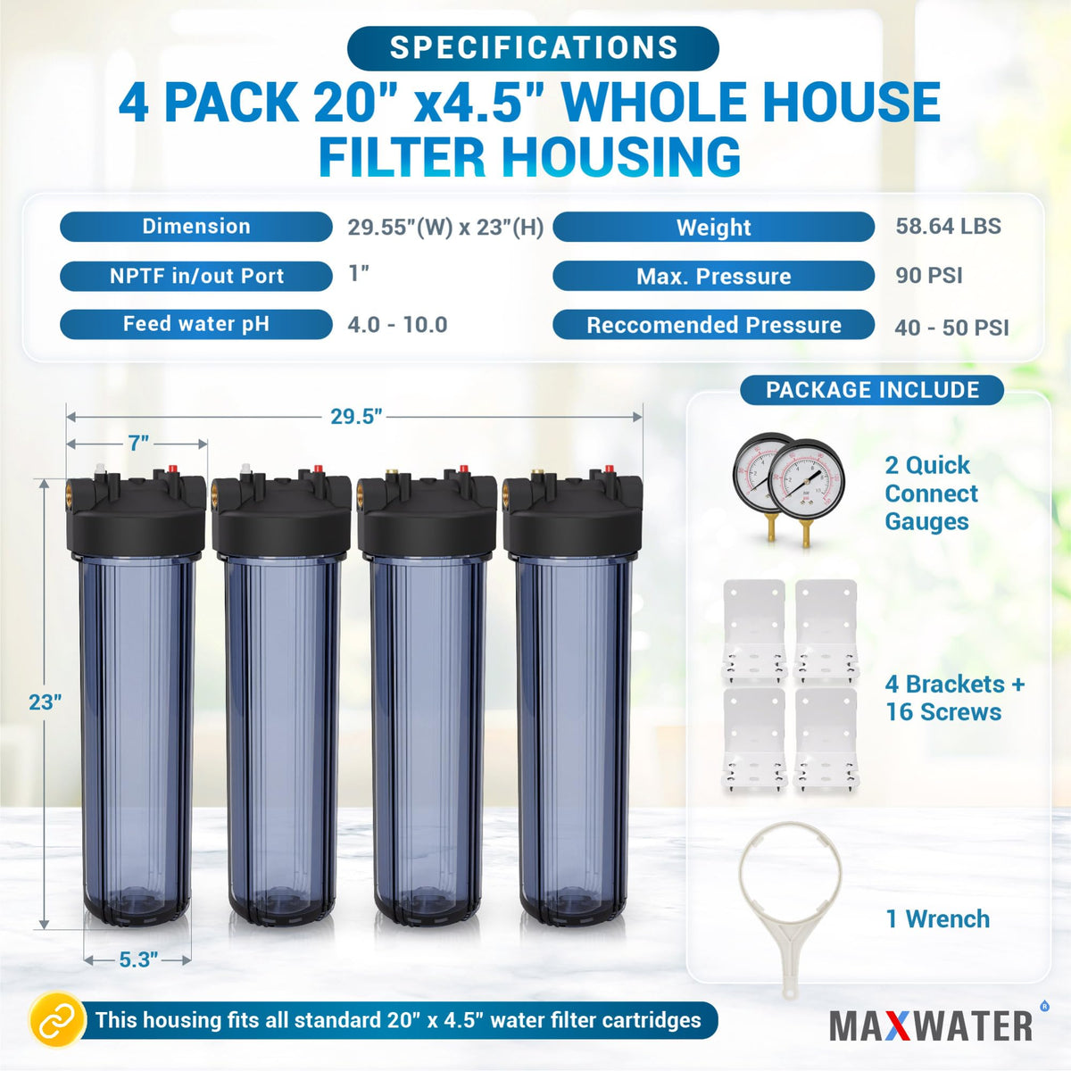 Whole House 20" x4.5" Purple Clear WH Water Filter Housing 1 inch Inlet