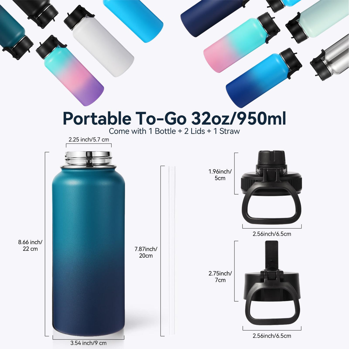 32 oz Insulated Water Bottles with 2 Lids (Dark Night)