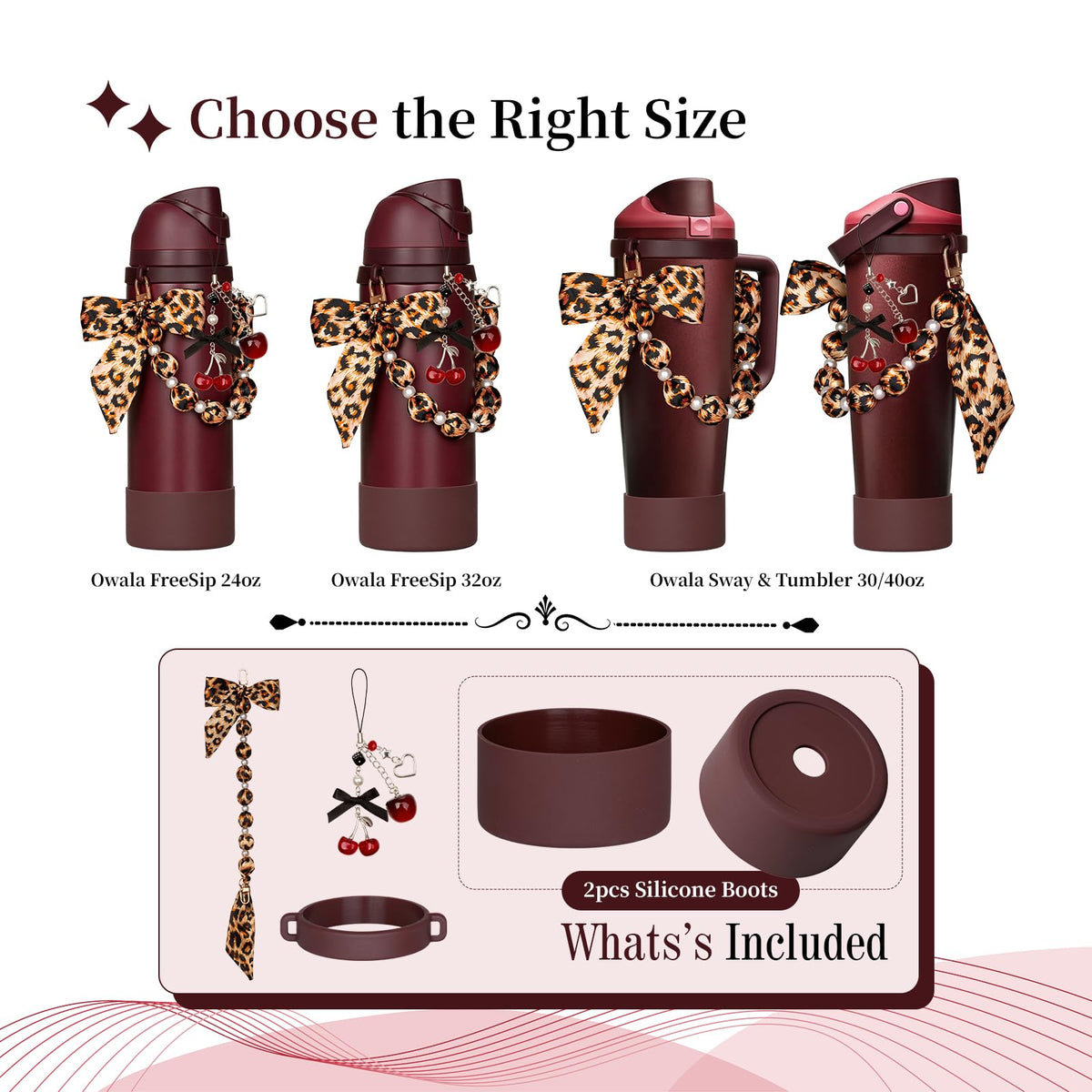 5Pcs Black Cherry Accessories for Owala with Boots (BlackRed / for FreeSip 24oz)