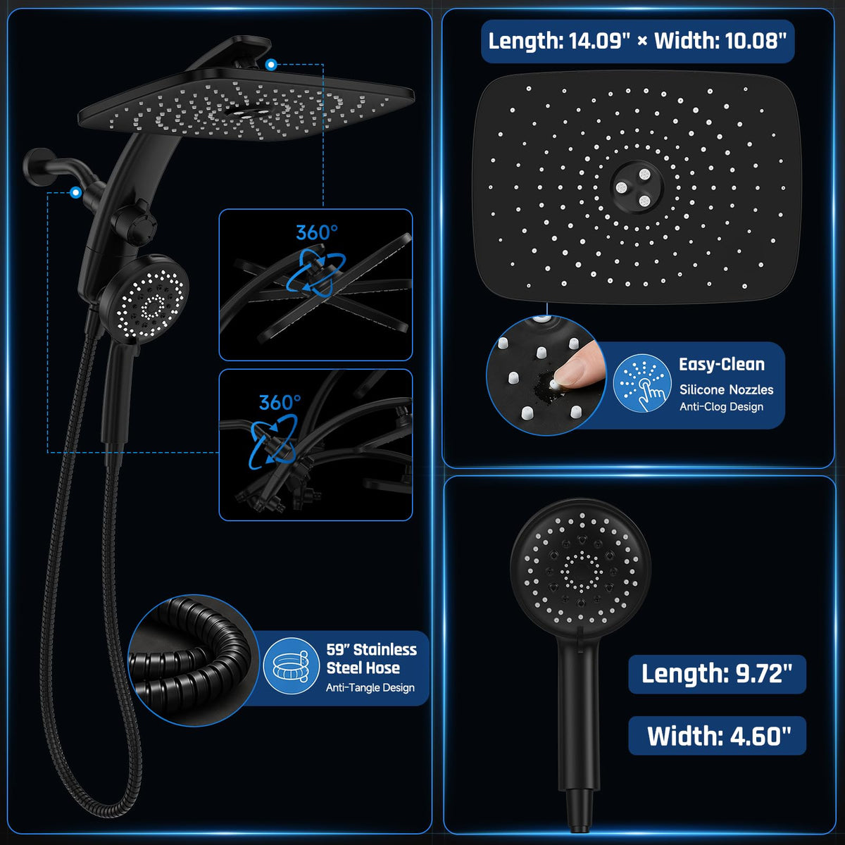14" Luxurious Shower Head with Handheld (Matte Black / 14inch)