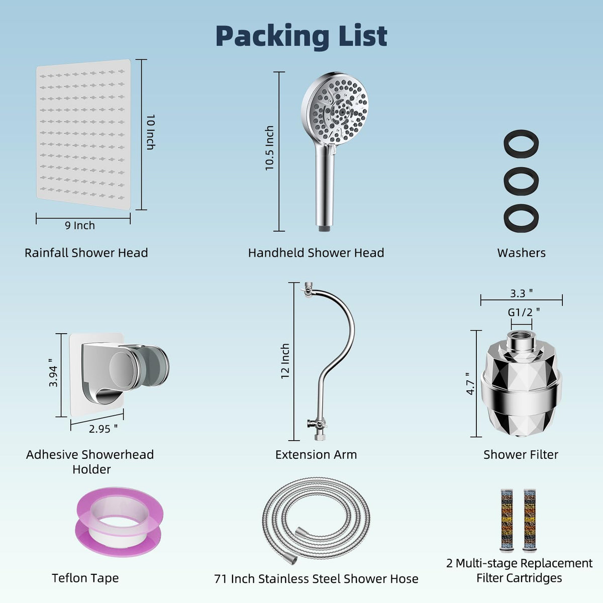 All Metal Dual Filtered Rainfall High Pressure 10'' Shower Head (Square 10'' with Filter / Chrome Finished)