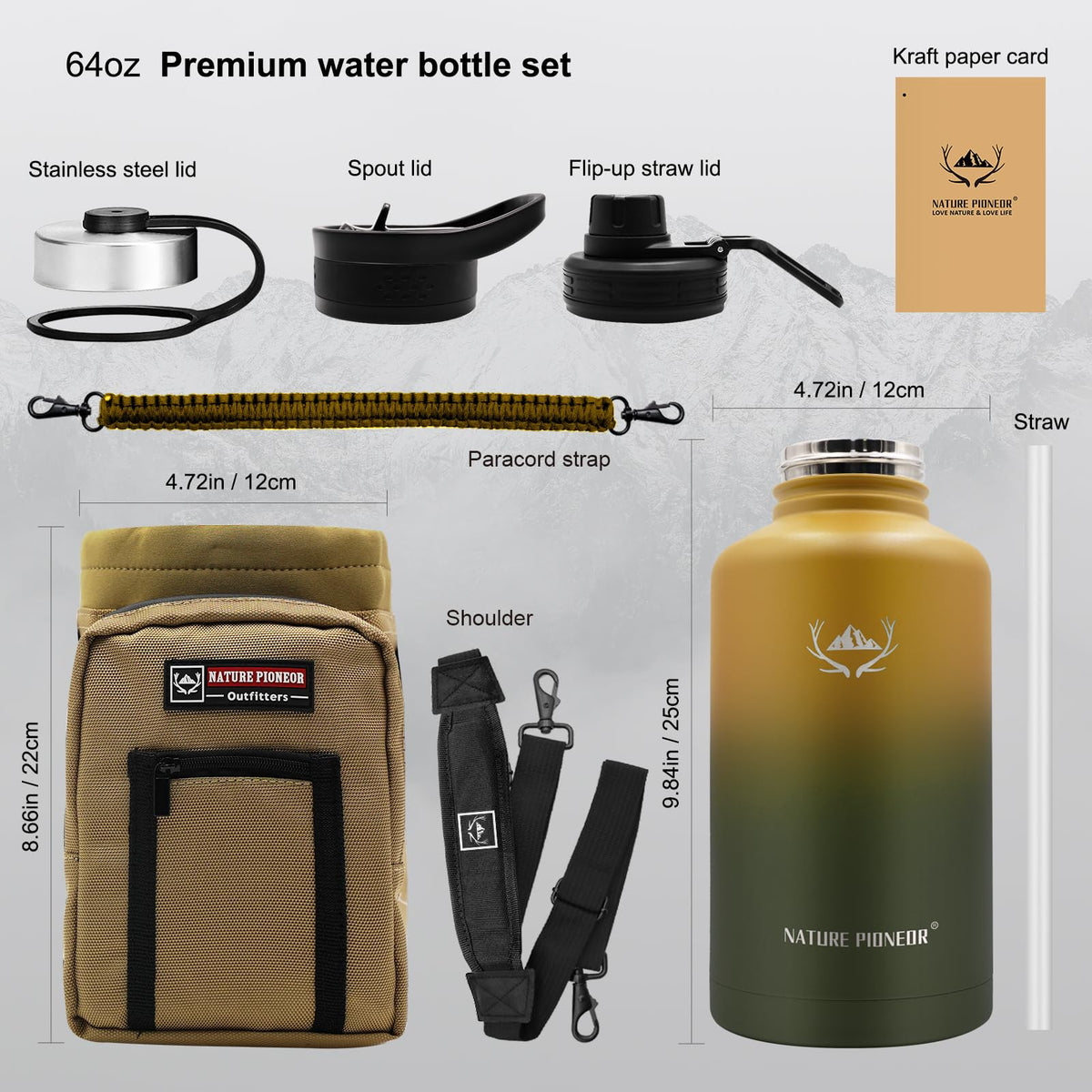 64 oz Insulated Water Bottle with Carrier Bag & 3 Lids (Forest Green / 64 Ounces)