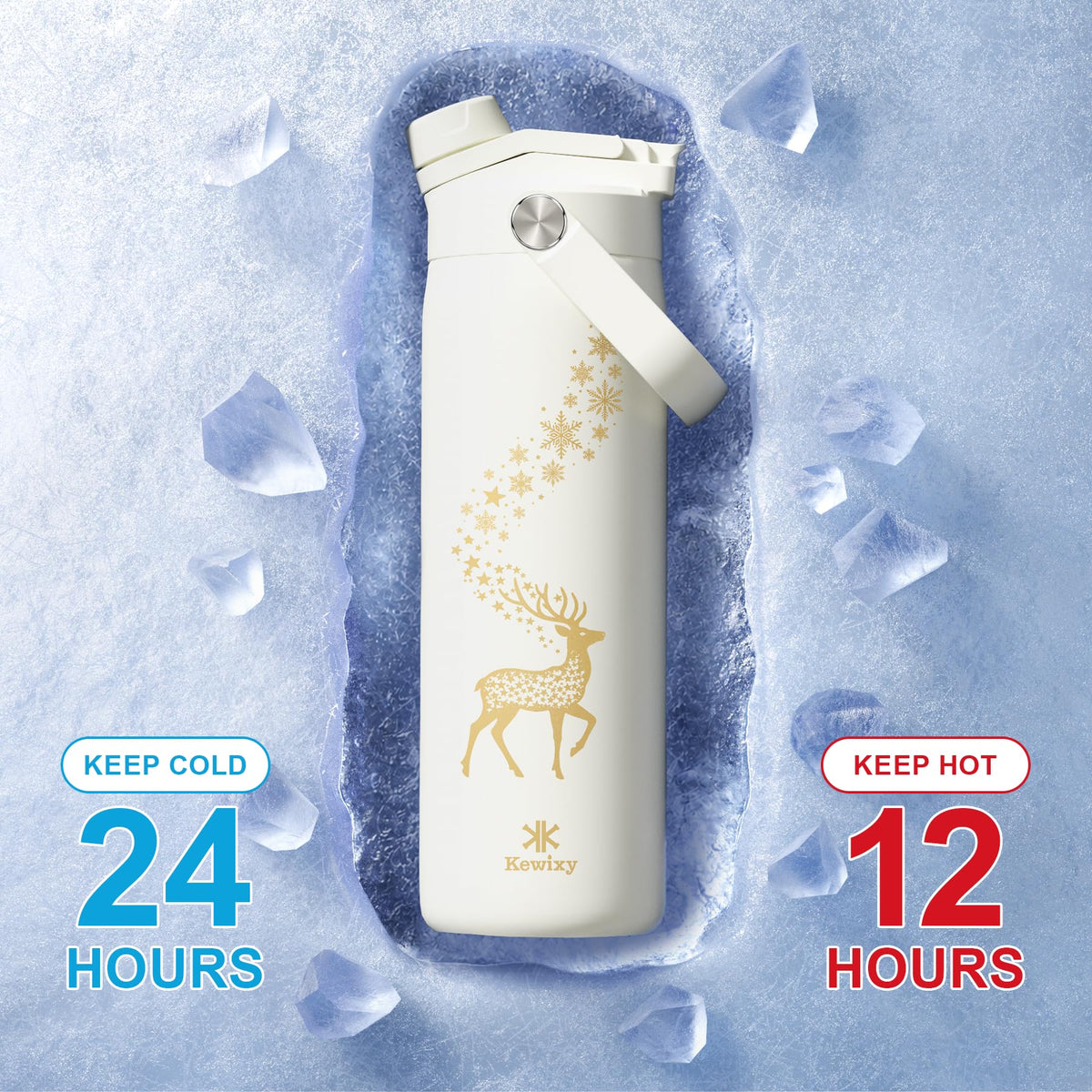 Christmas Water Bottle with Straw Insulated (Golden Reindeer / 24 Ounces)
