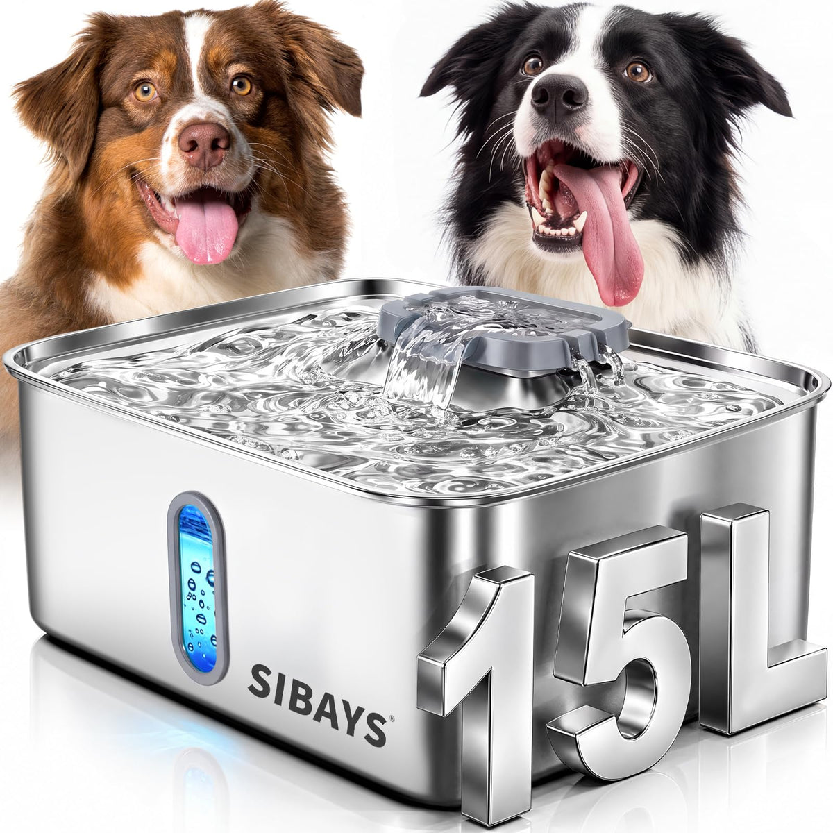 4Gal 15L Dog Water Fountain for Large Dogs (Silver-Grey)
