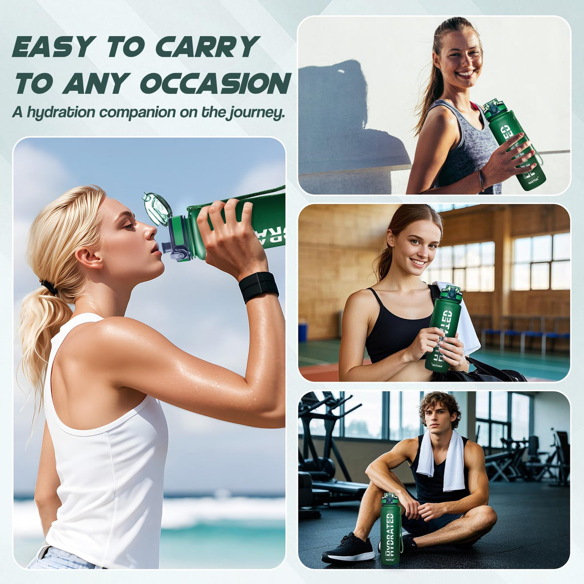 Water Bottle 32 oz Motivational Time Marker Tritan Bottle (Green / 32 Ounces)