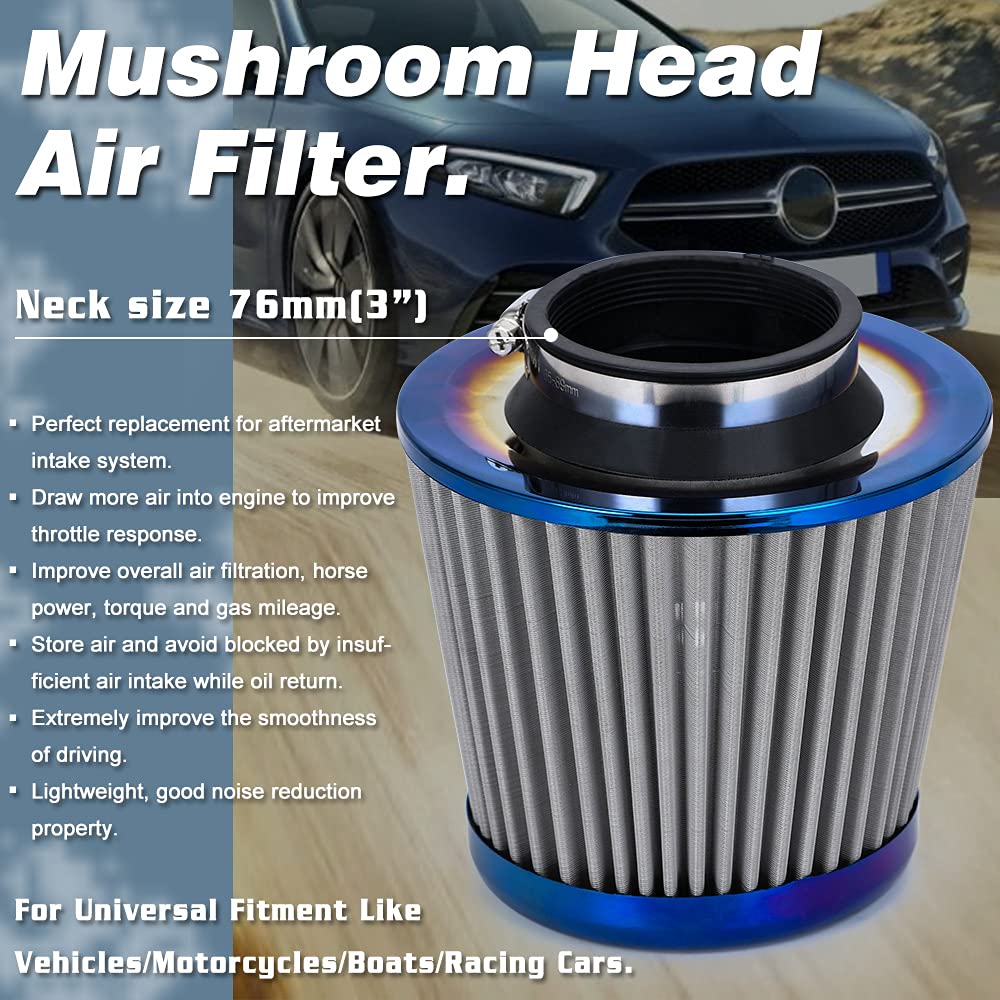 PTNHZ Universal Burnt Blue Neck 3inch 76mm Car High Flow Cold Air Intake Air Filter Power Intake Air Inlet System Mushroom Head Air Cleaner (3" Burnt Blue (1PCS))