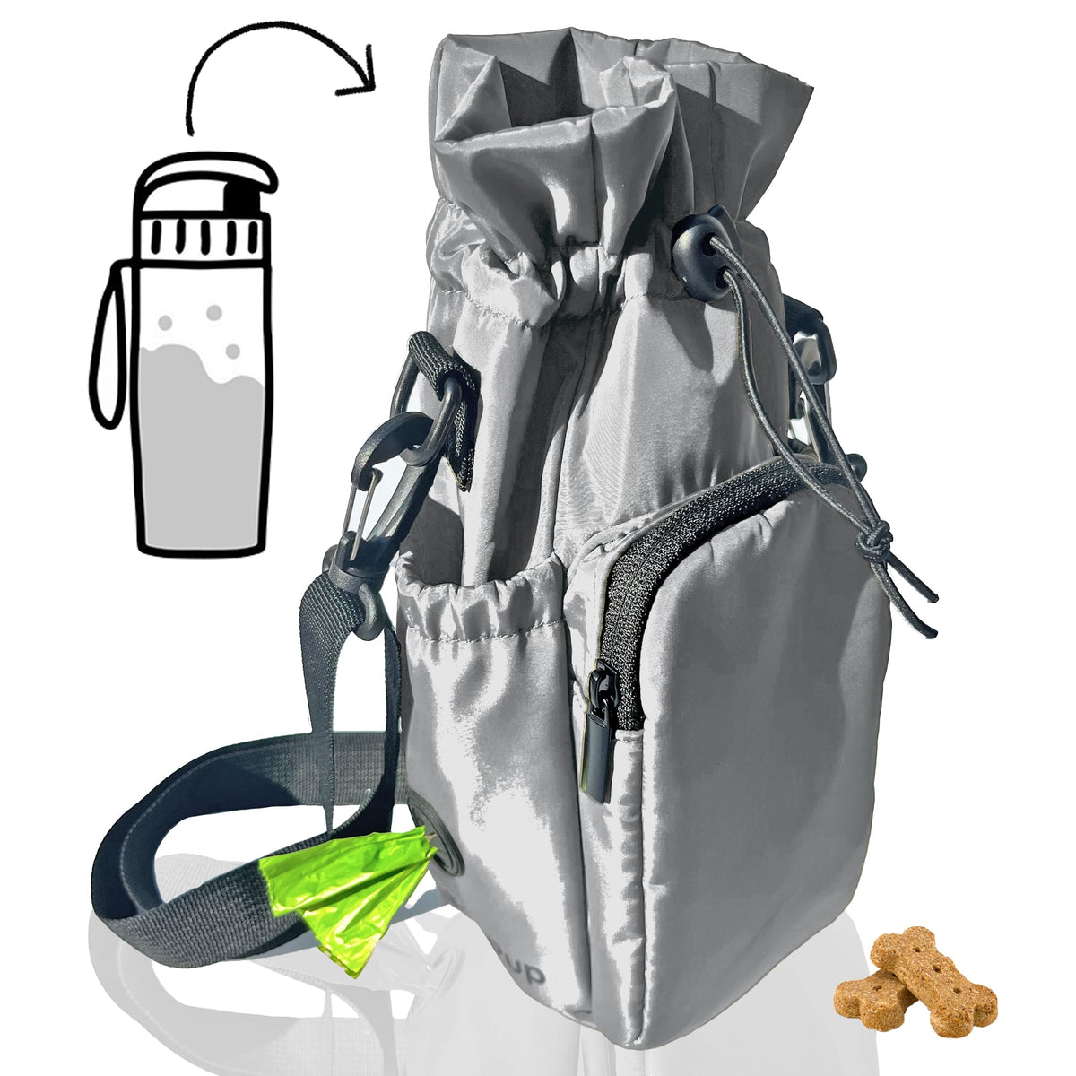 Waterproof Dog Walking Bag with Universal Water Bottle Holder (Gray)