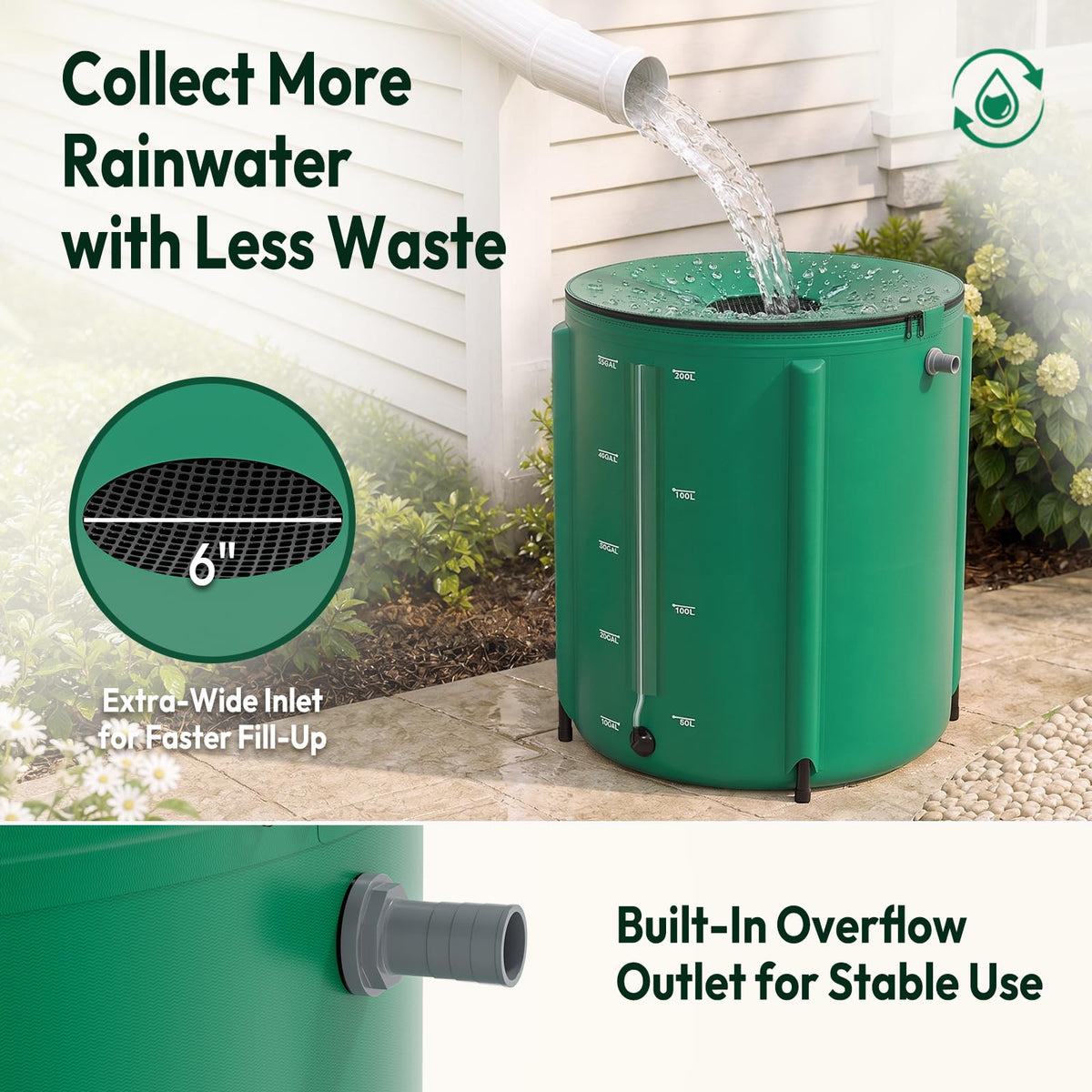 Collapsible Rain Barrel Portable Rain Water Collection (Green / 50 Gal w/ Scale Line)