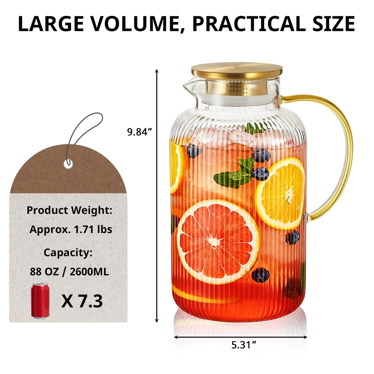 2.6 Liter 88 oz Stripes Gold Glass Pitcher with Lid and Handle (Stripes Gold / 87.9 Ounces)