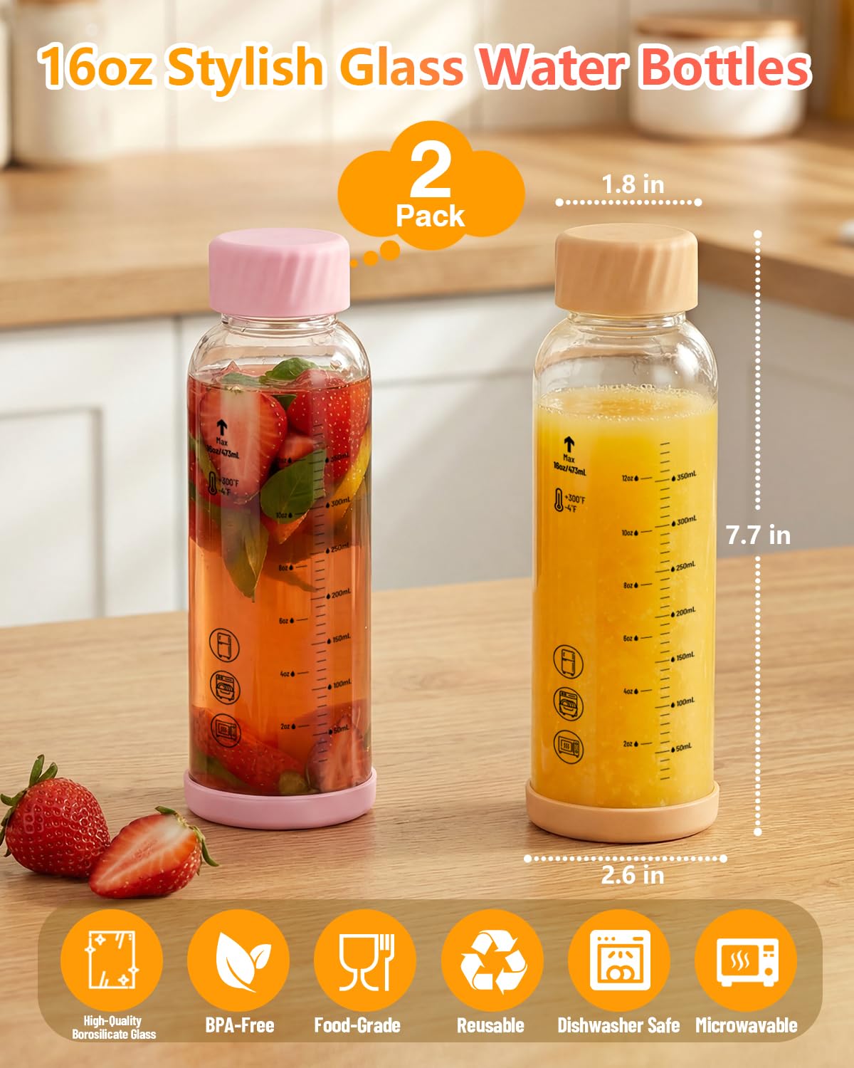 Glass Water Bottles with Stainless Steel Lid 16 oz (Pink-Amber)