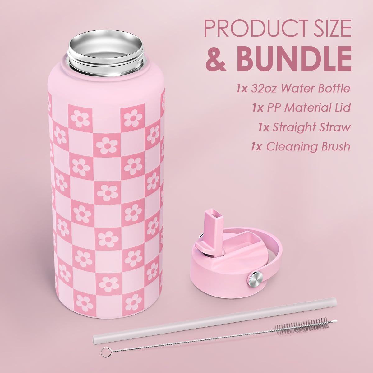 Checker Daisy Water Bottle 32oz Stainless Steel with Lid & Straw (Checker Daisy)