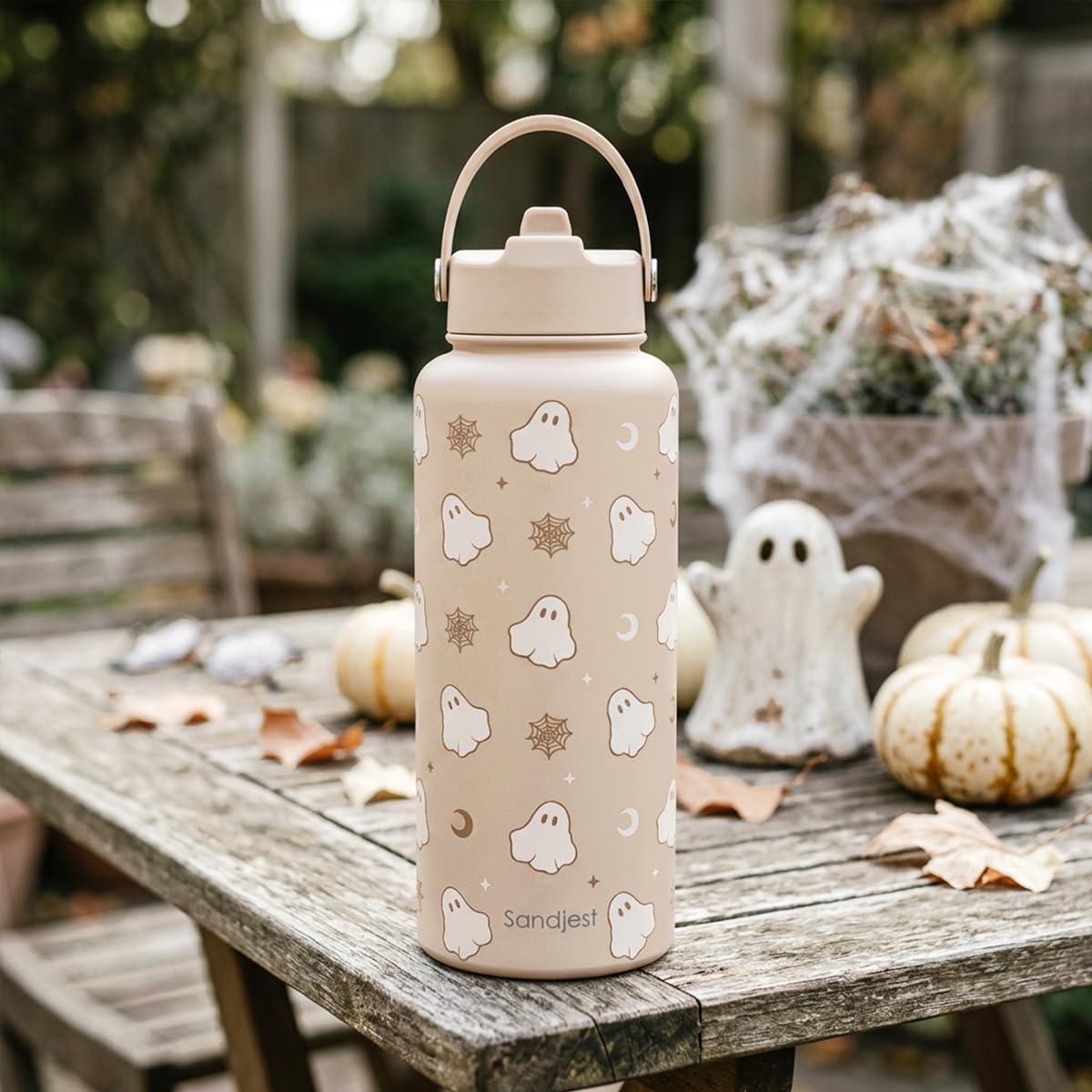 Halloween Boo Stainless Steel Water Bottle 32 Ounces with Lid & Straw (Halloween)