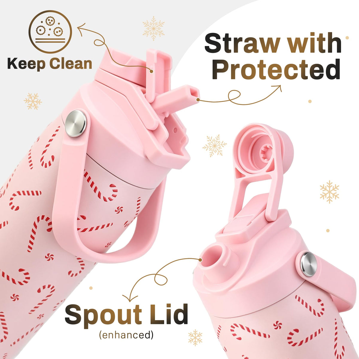 Christmas Water Bottle with Straw Insulated (Candy Canes / 24 Ounces)