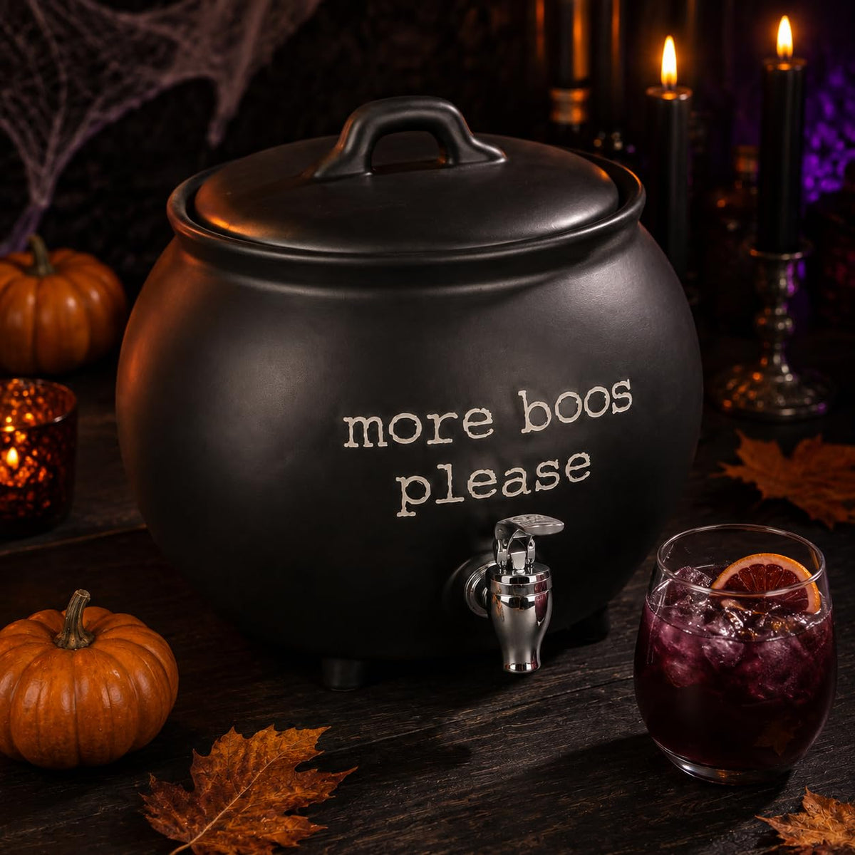 Black Ceramic Cauldron Beverage Dispenser & Candy Bowl With Easy Flow Spigot & Lid (Black)