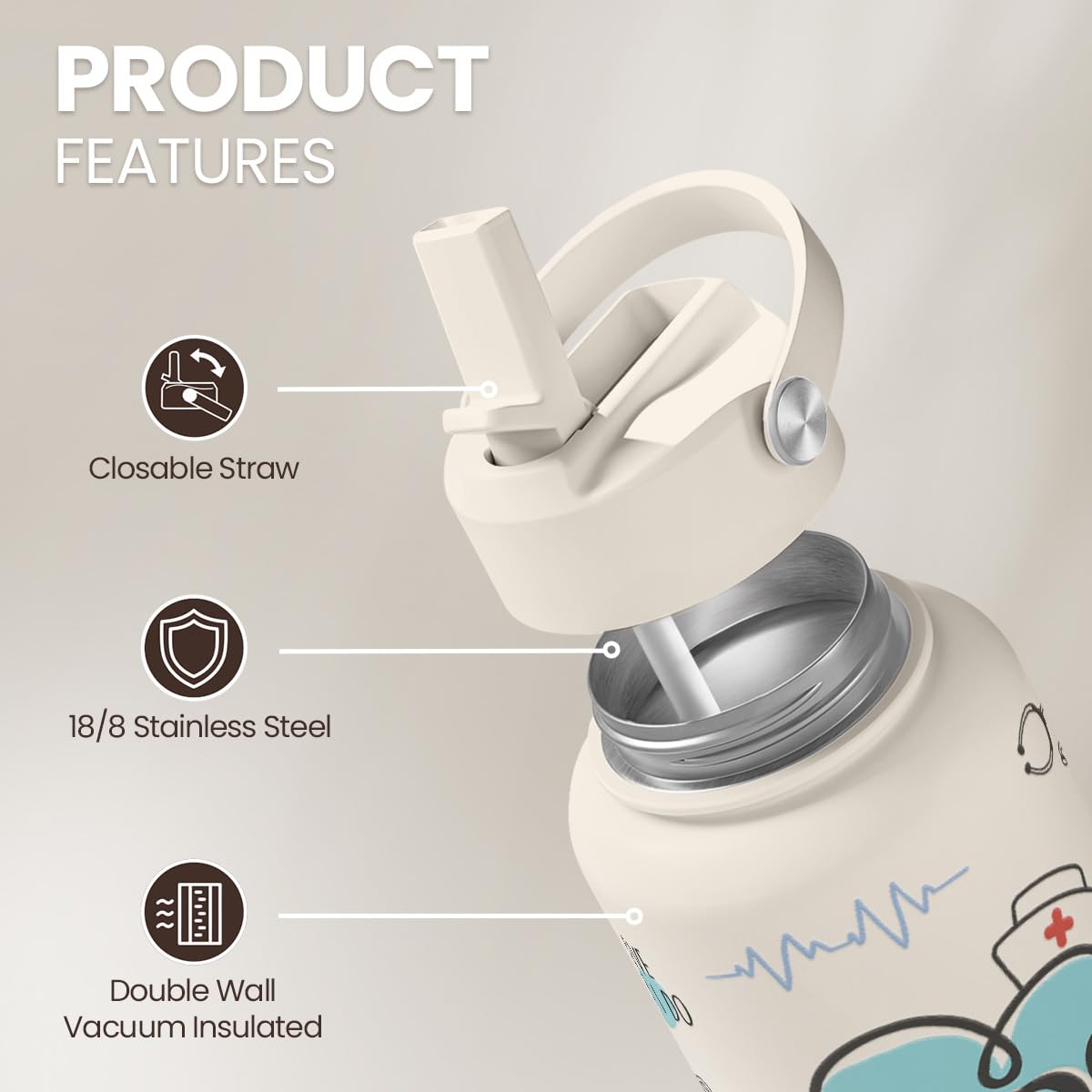 Nurse Water Bottle 32oz Stainless Steel Insulated with Lid (Nurse 1)