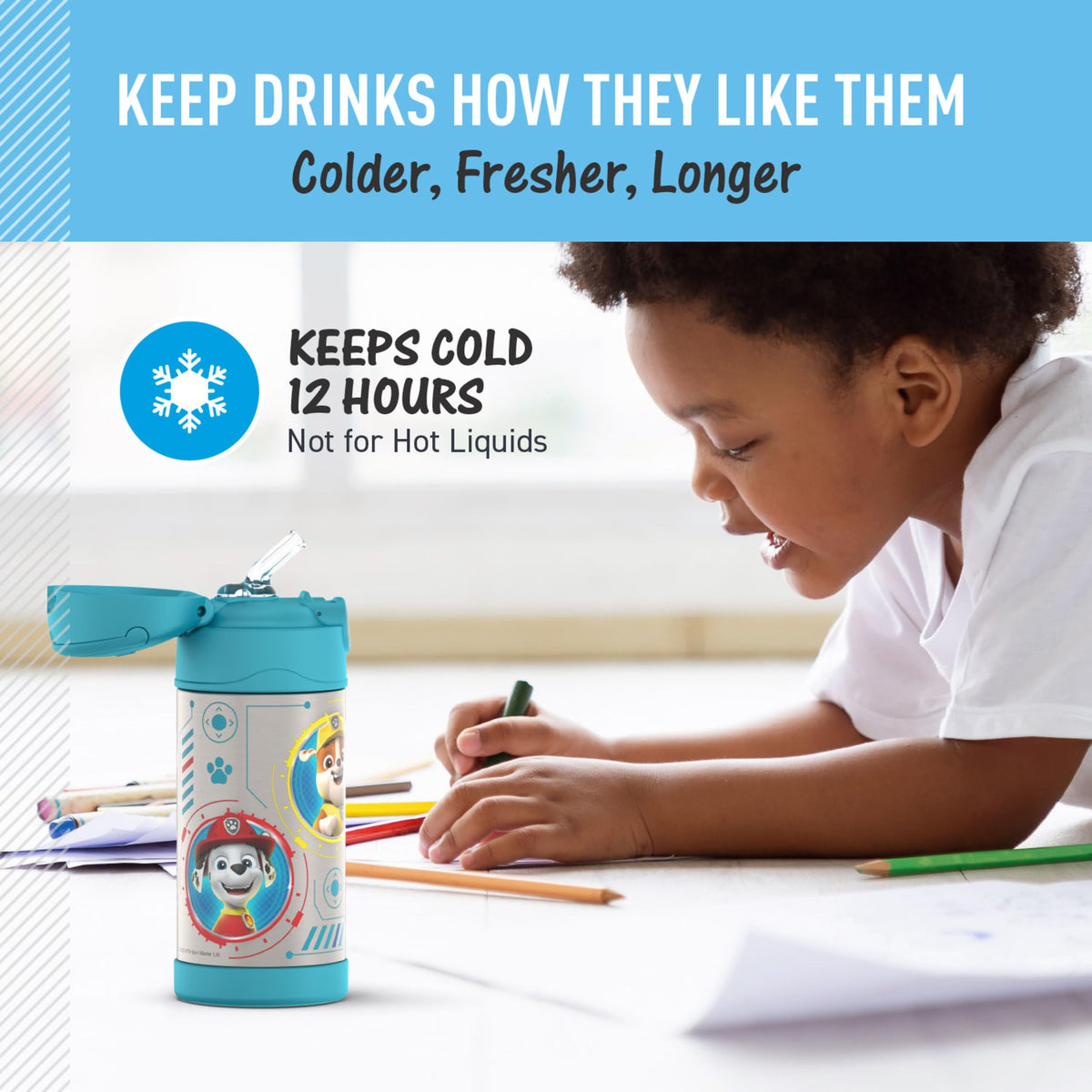 FUNTAINER Water Bottle with Straw (Paw Patrol Blue / 12 Ounces)