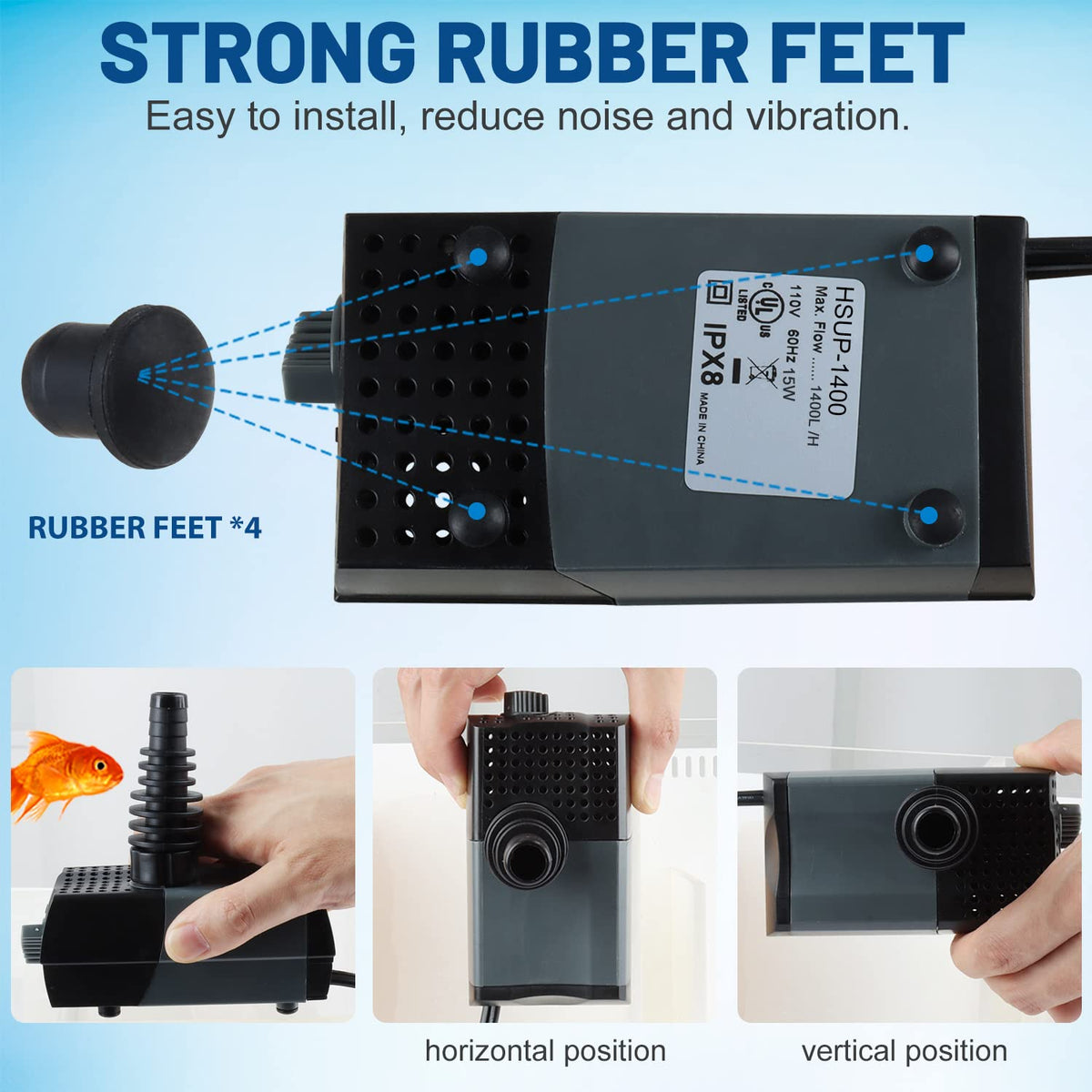 HSUP-1400F) Submersible Water Pump With Fountain Jets - Pond Pump - Submersible Pump - Water Fountain Pump - Aquarium Pump (370 GPH)