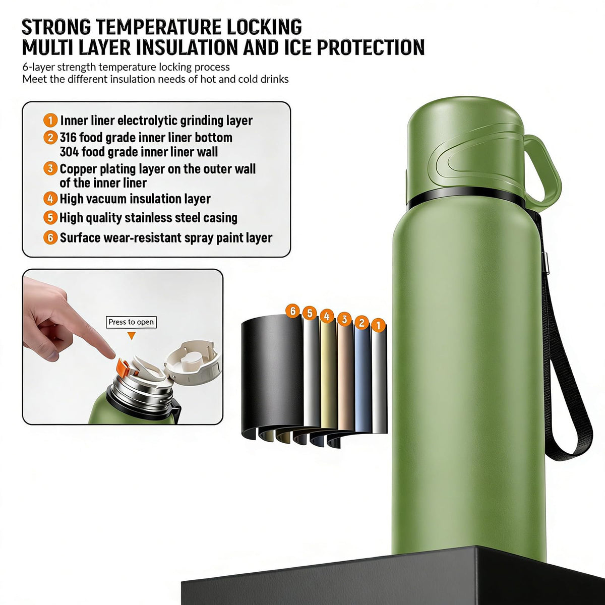 Double wall vacuum Leakproof stainless steel wide mouth insulated water bottle;tea tumbler with infuser (Green-1360ml)