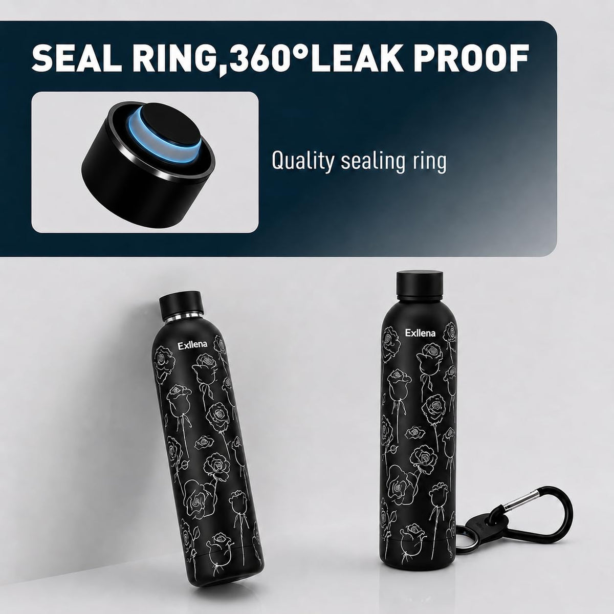 32oz Metal Water Bottle for Travel with Clip (32 Ounces / Black Rose)