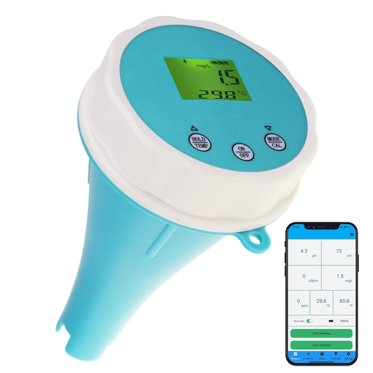 6-in-1 Wireless Water Quality Tester Bluetooth Floating Water Quality Monitor for Pools, Spas, and Hydroponics - pH, EC, ORP, Chlorine, Salinity, and Temperature Measurement