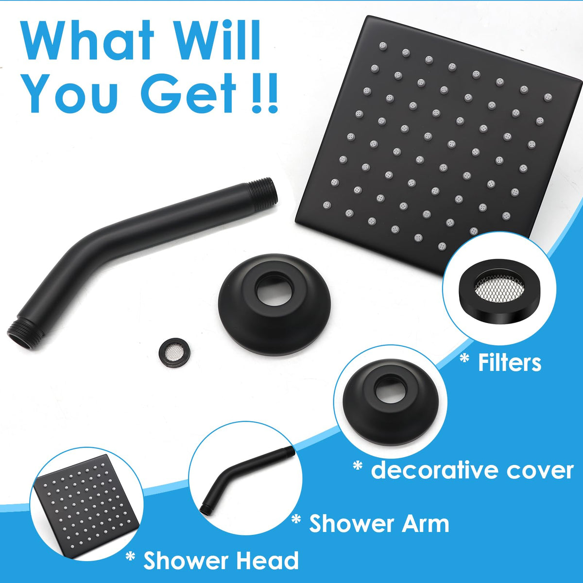 6 Inch Square Shower Head Black Stainless Steel High Pressure Rain Shower Heads with Extension Arm Adjustable Angle Replacement Shower Head for Modern Bathroom